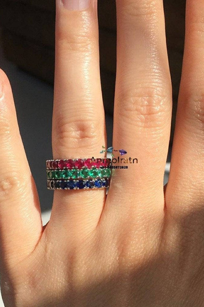 Emerald Band Ring Daily Wear Emerald Stacking Ring Gold Eternity Band Gemstone Band Wedding Band Ring Emerald Birthstone Ring Gift For Women