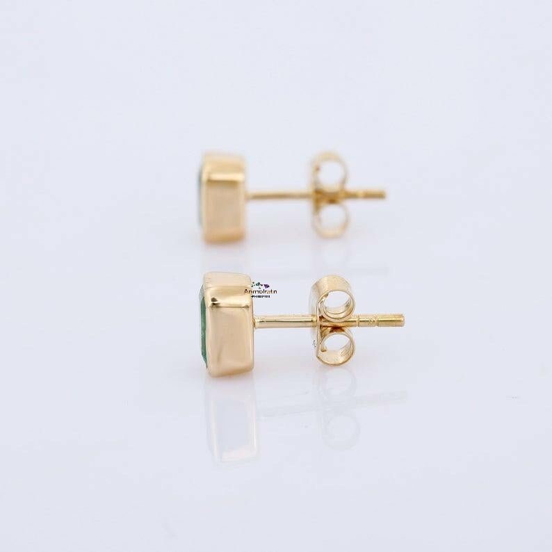 Emerald Stud Earring For Women, Octagon Emerald Studs For Men, 14k Gold Emerald Stud Earring Bezel Set Daily Wear Tiny Green Emerald Earring