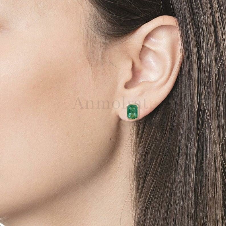 Emerald Stud Earring For Women, Octagon Emerald Studs For Men, 14k Gold Emerald Stud Earring Bezel Set Daily Wear Tiny Green Emerald Earring