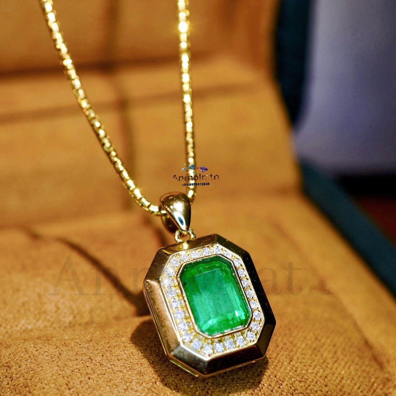 Natural Emerald Solitaire Pendant with Diamond For Women, Vivid Green Emerald Cut Bezel Set Gold Pendant, Dainty Emerald Birthstone Pendant
