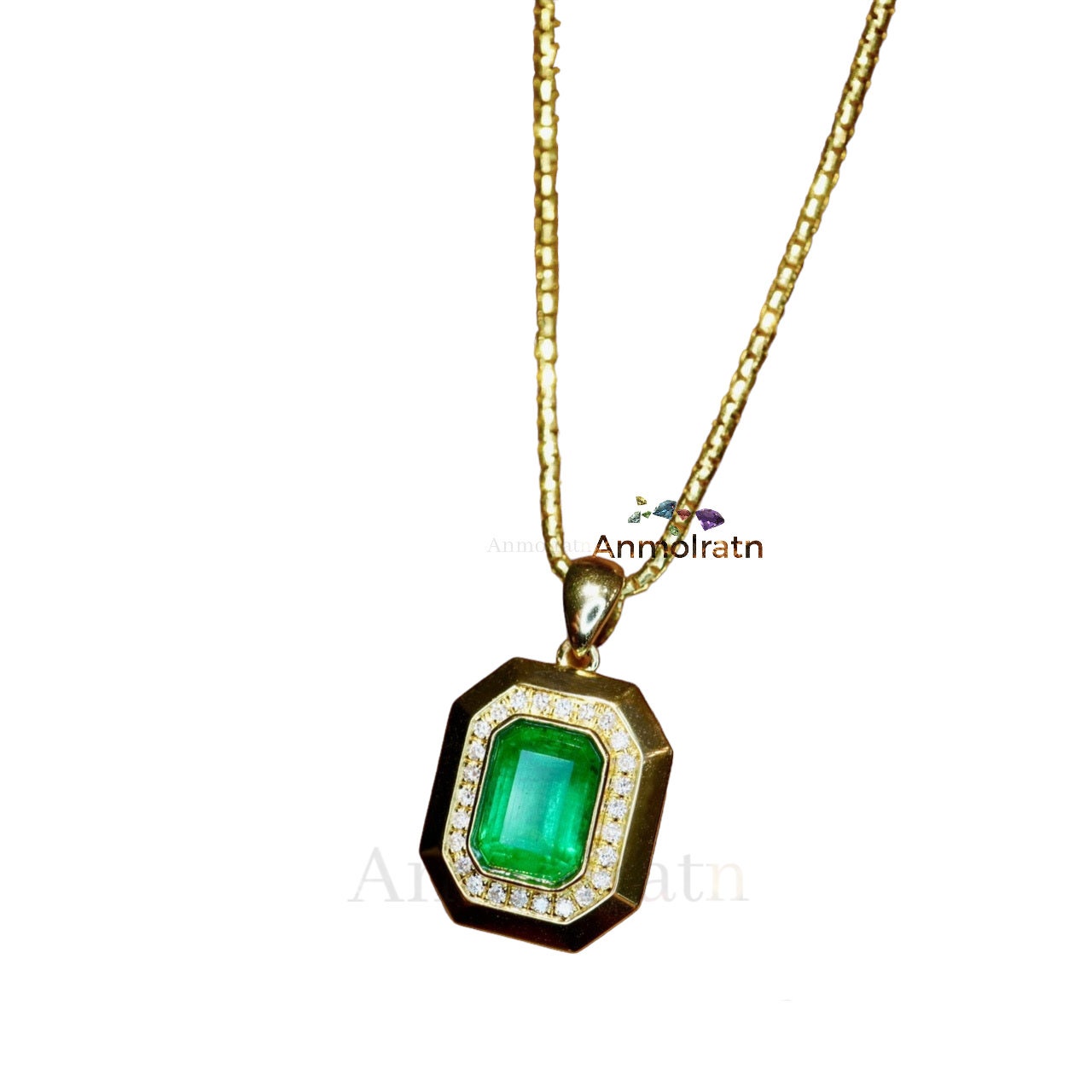 Natural Emerald Solitaire Pendant with Diamond For Women, Vivid Green Emerald Cut Bezel Set Gold Pendant, Dainty Emerald Birthstone Pendant