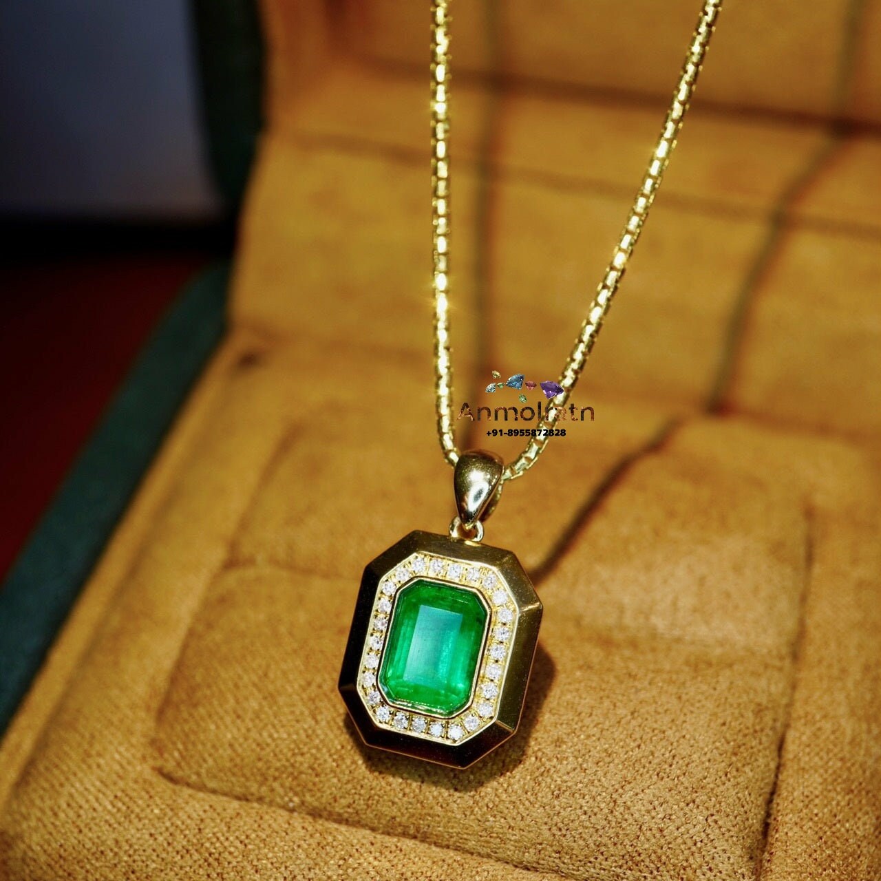 Natural Emerald Solitaire Pendant with Diamond For Women, Vivid Green Emerald Cut Bezel Set Gold Pendant, Dainty Emerald Birthstone Pendant
