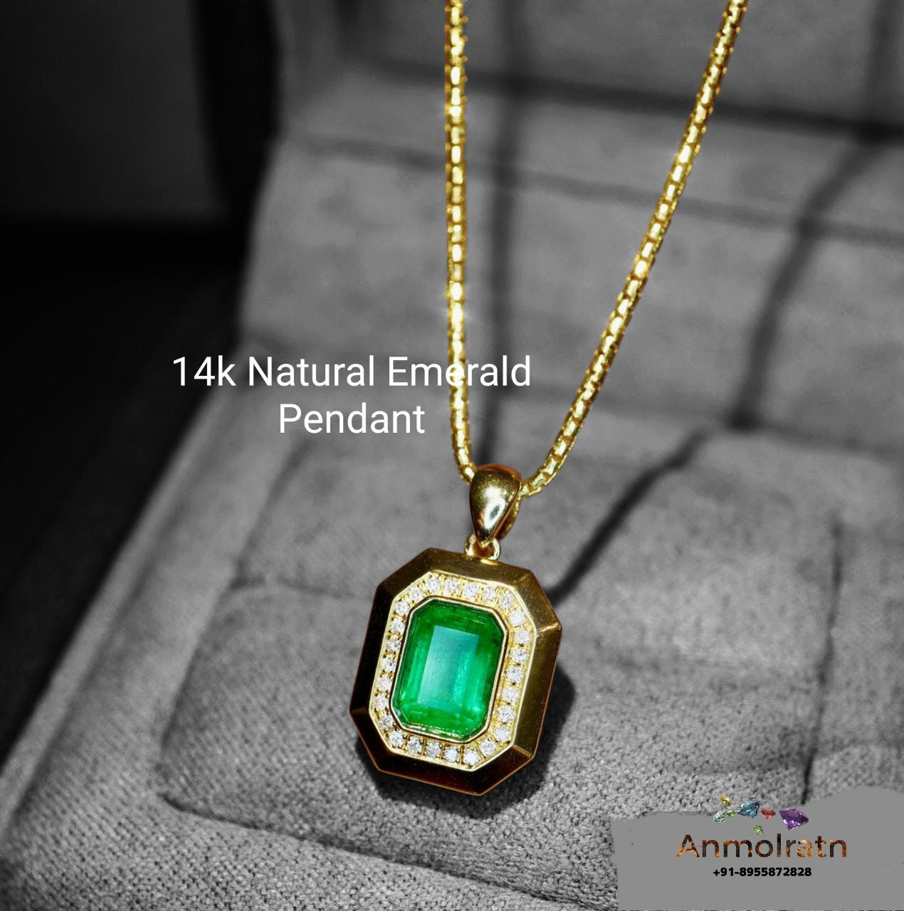 Natural Emerald Solitaire Pendant with Diamond For Women, Vivid Green Emerald Cut Bezel Set Gold Pendant, Dainty Emerald Birthstone Pendant