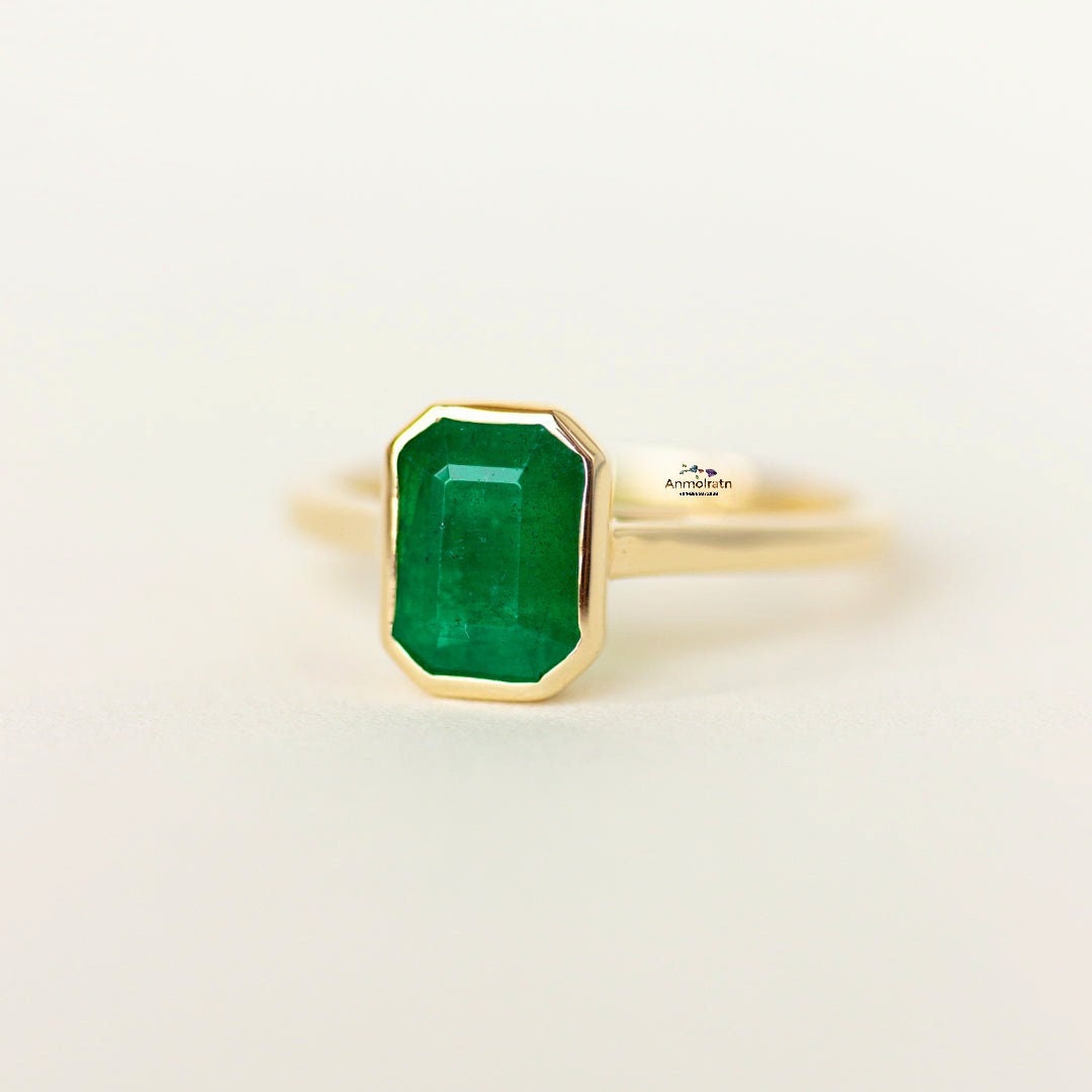 Green Emerald Solitaire Stacking Gold Ring For Women, Bezel Set Emerald Octagon Ring For Men, Authentic Emerald Tiny Pinky Ring Gift For Her