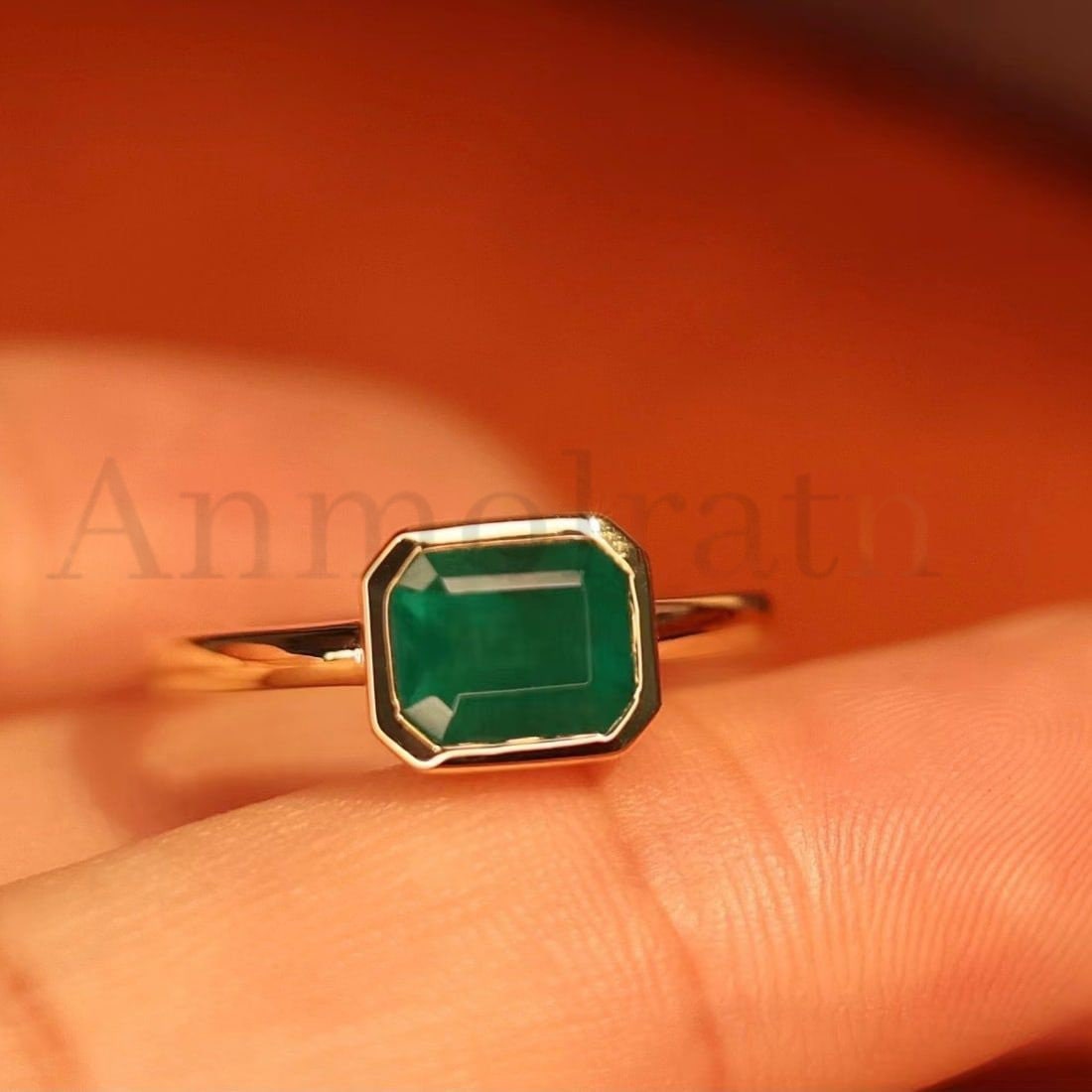 Green Emerald Solitaire Stacking Gold Ring For Women, Bezel Set Emerald Octagon Ring For Men, Authentic Emerald Tiny Pinky Ring Gift For Her