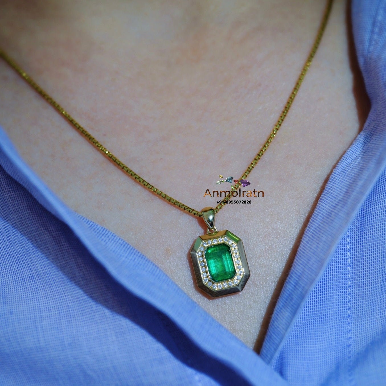 Natural Emerald Solitaire Pendant with Diamond For Women, Vivid Green Emerald Cut Bezel Set Gold Pendant, Dainty Emerald Birthstone Pendant