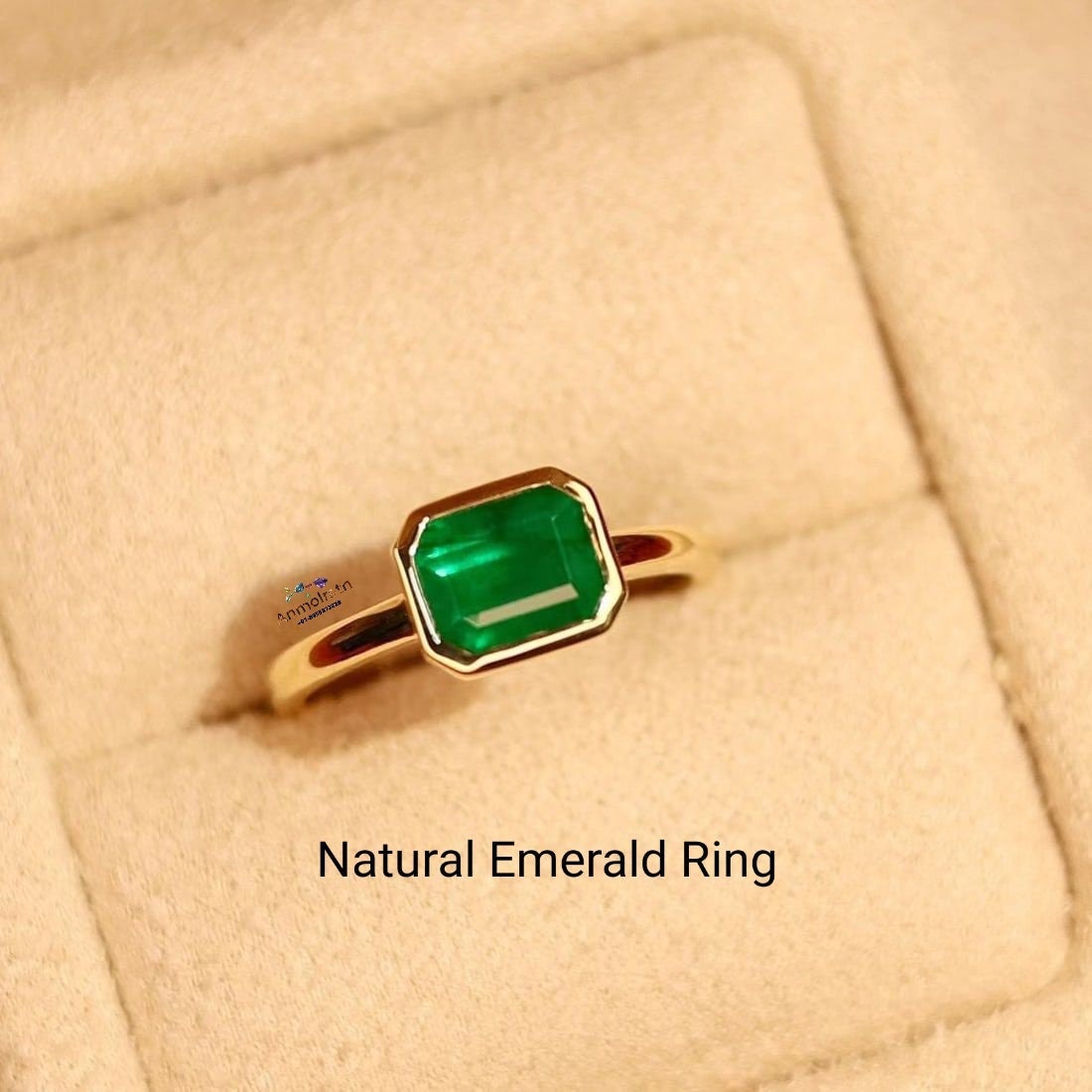 Green Emerald Solitaire Stacking Gold Ring For Women, Bezel Set Emerald Octagon Ring For Men, Authentic Emerald Tiny Pinky Ring Gift For Her
