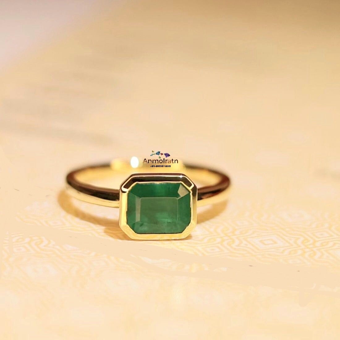 Green Emerald Solitaire Stacking Gold Ring For Women, Bezel Set Emerald Octagon Ring For Men, Authentic Emerald Tiny Pinky Ring Gift For Her