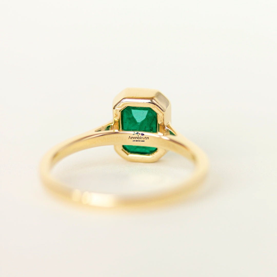 Green Emerald Solitaire Stacking Gold Ring For Women, Bezel Set Emerald Octagon Ring For Men, Authentic Emerald Tiny Pinky Ring Gift For Her