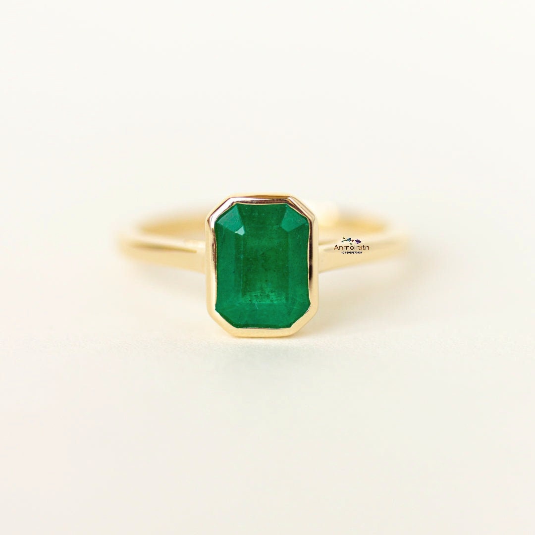 Green Emerald Solitaire Stacking Gold Ring For Women, Bezel Set Emerald Octagon Ring For Men, Authentic Emerald Tiny Pinky Ring Gift For Her