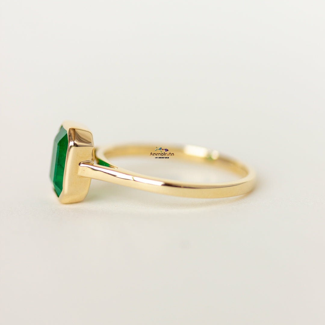 Green Emerald Solitaire Stacking Gold Ring For Women, Bezel Set Emerald Octagon Ring For Men, Authentic Emerald Tiny Pinky Ring Gift For Her