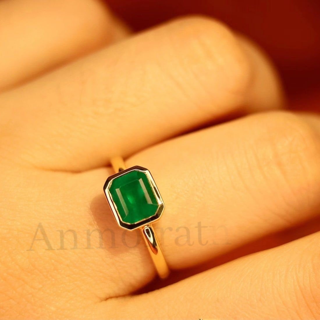 Green Emerald Solitaire Stacking Gold Ring For Women, Bezel Set Emerald Octagon Ring For Men, Authentic Emerald Tiny Pinky Ring Gift For Her