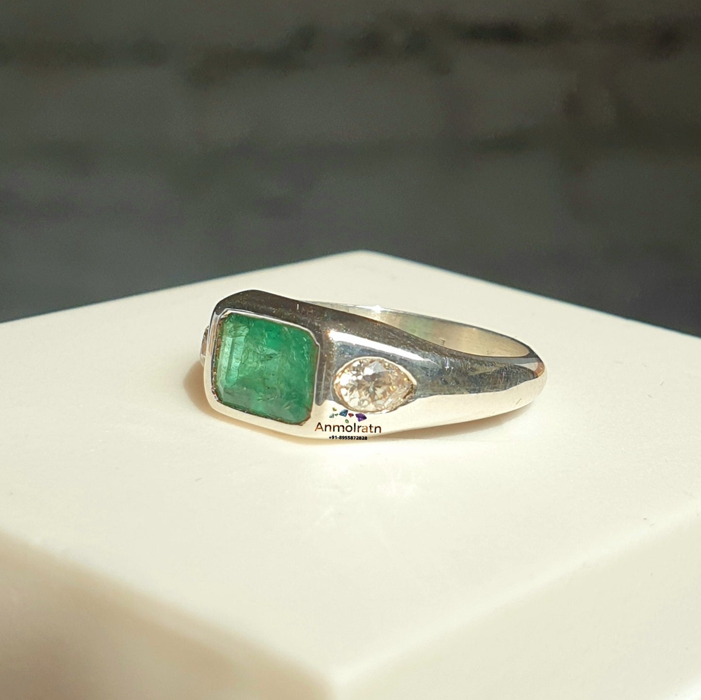 Vintage Emerald Ring, Green Emerald Cut Silver Ring, East West Set Emerald Octagon Solitaire Ring, Three Stone Emerald Signet Ring For Women