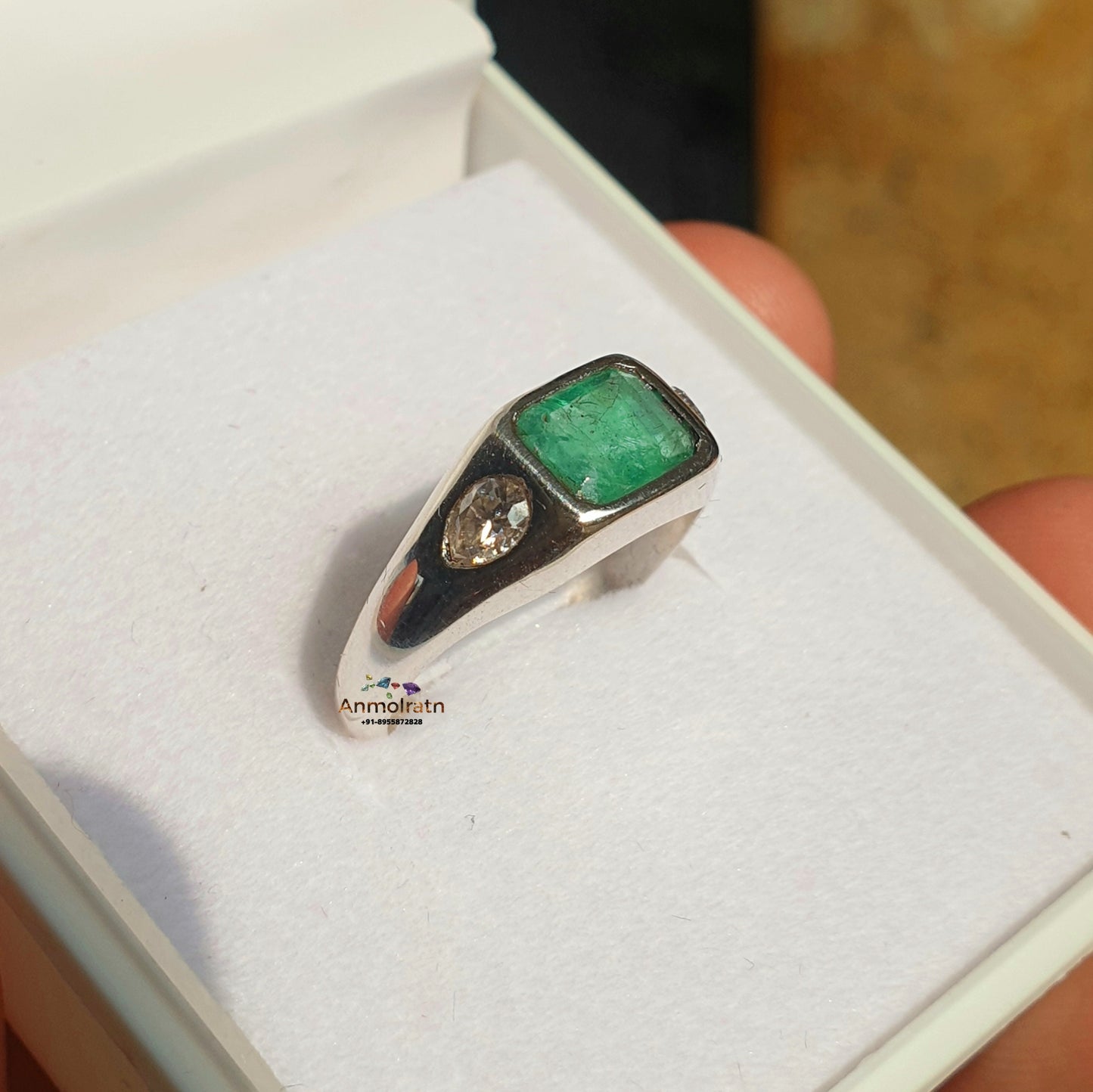 Vintage Emerald Ring, Green Emerald Cut Silver Ring, East West Set Emerald Octagon Solitaire Ring, Three Stone Emerald Signet Ring For Women