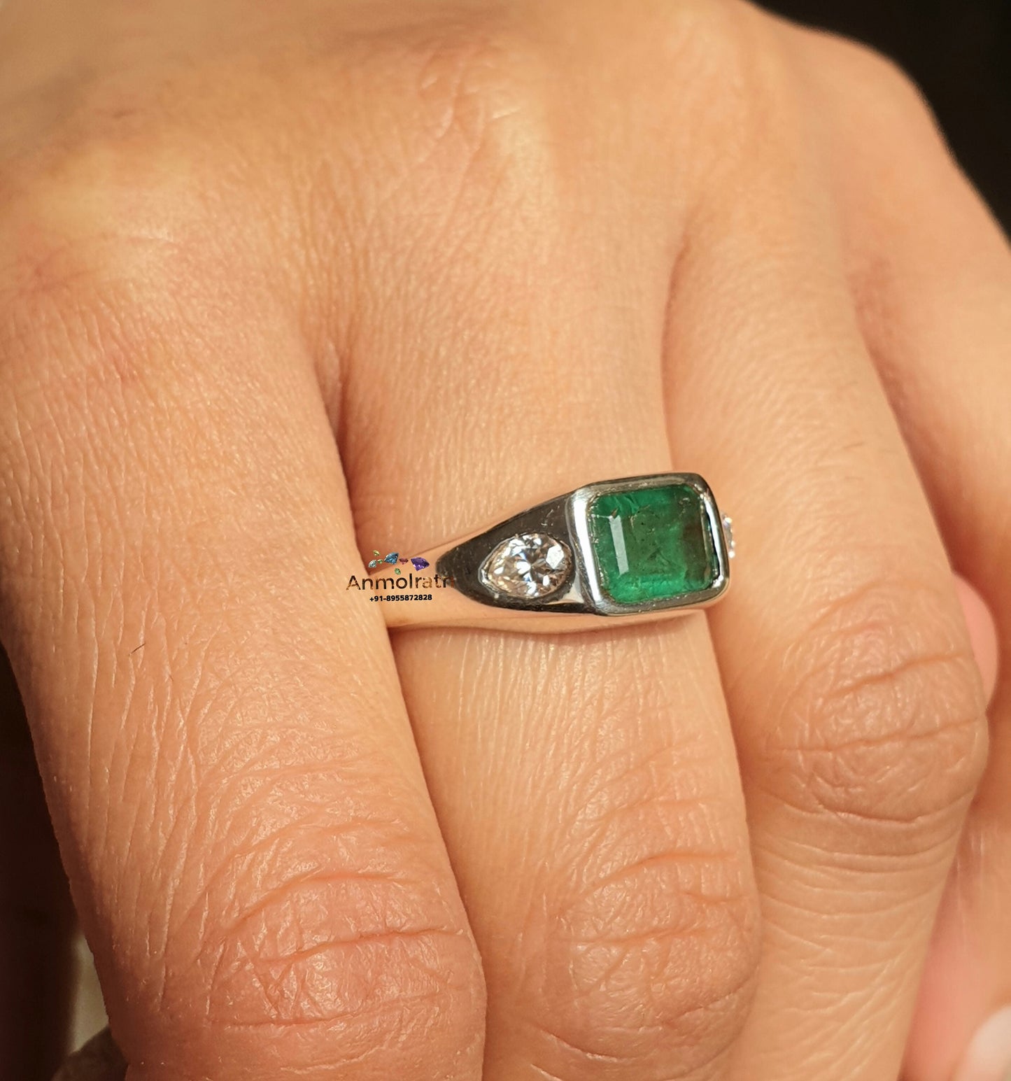 Vintage Emerald Ring, Green Emerald Cut Silver Ring, East West Set Emerald Octagon Solitaire Ring, Three Stone Emerald Signet Ring For Women