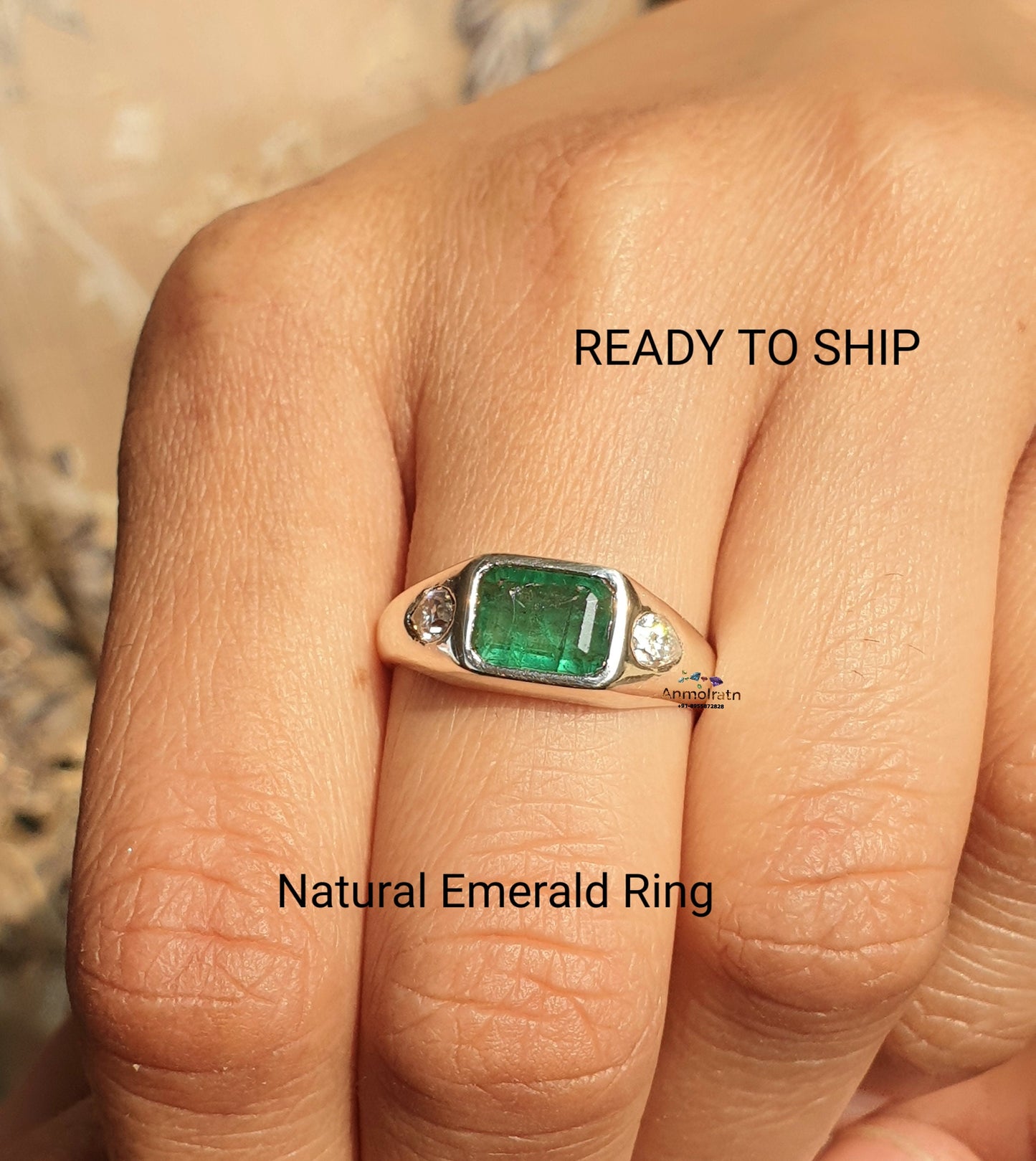 Vintage Emerald Ring, Green Emerald Cut Silver Ring, East West Set Emerald Octagon Solitaire Ring, Three Stone Emerald Signet Ring For Women