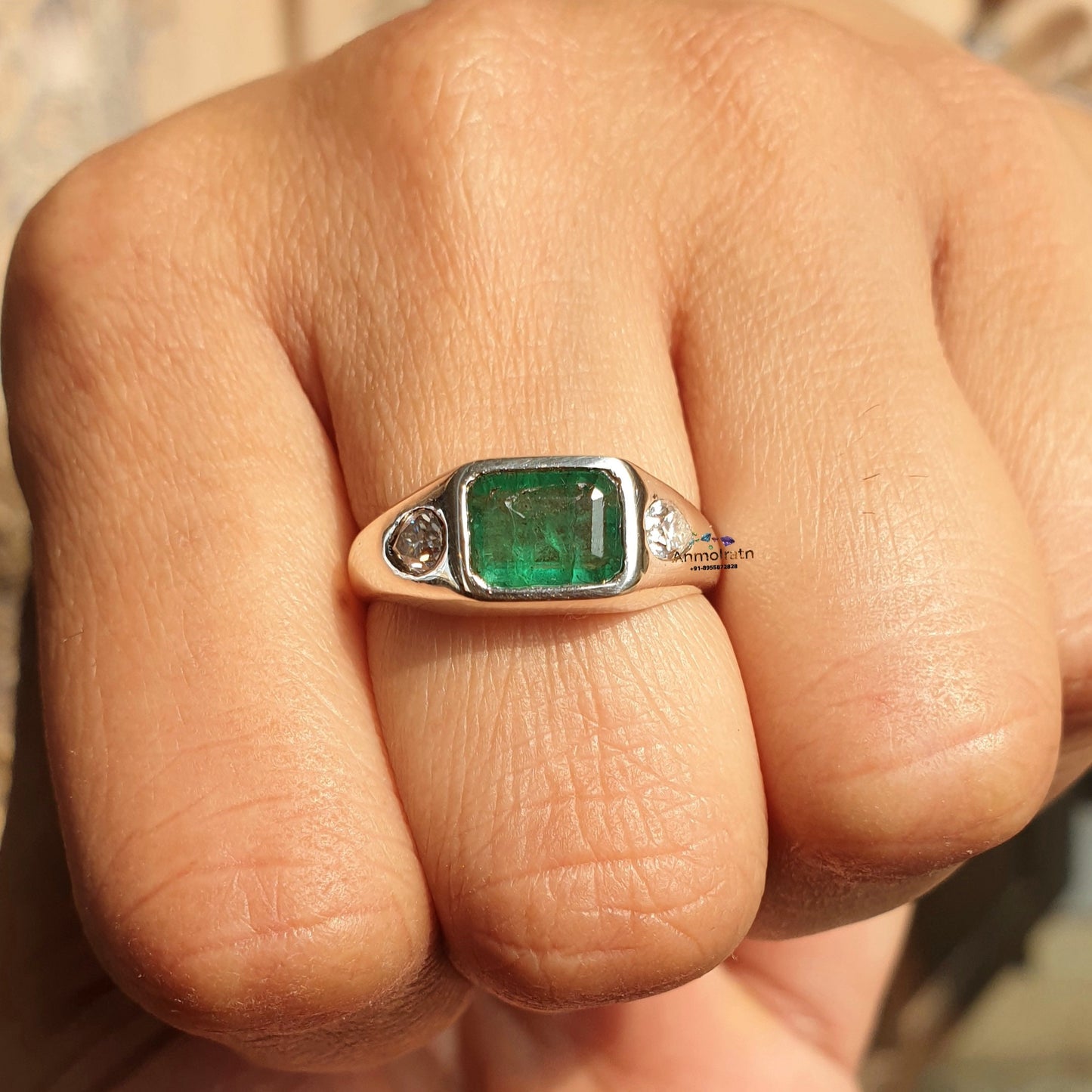 Vintage Emerald Ring, Green Emerald Cut Silver Ring, East West Set Emerald Octagon Solitaire Ring, Three Stone Emerald Signet Ring For Women