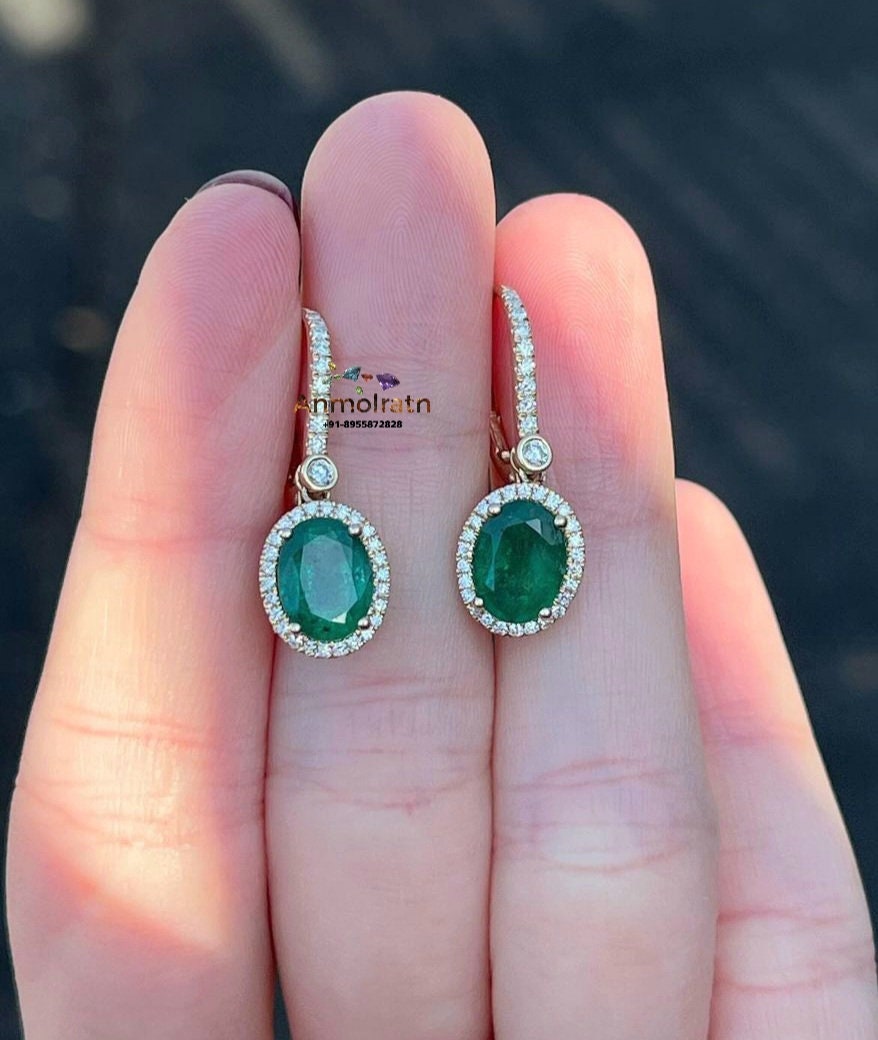 14k Emerald And Diamond Earrings, Natural Emerald Oval Long Earring Danglers Vivid Green Emerald Halo Earring Tiny Emerald Hoop Earring Gift
