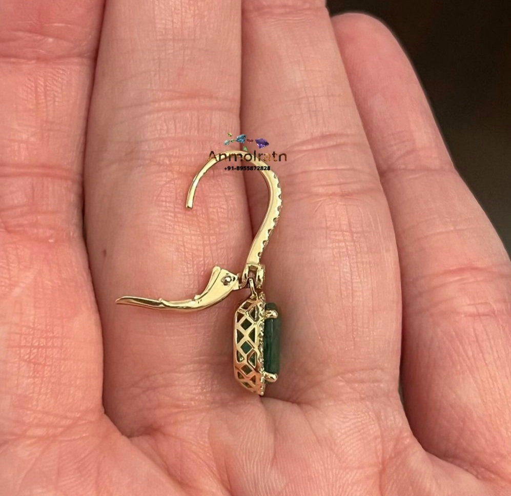 14k Emerald And Diamond Earrings, Natural Emerald Oval Long Earring Danglers Vivid Green Emerald Halo Earring Tiny Emerald Hoop Earring Gift