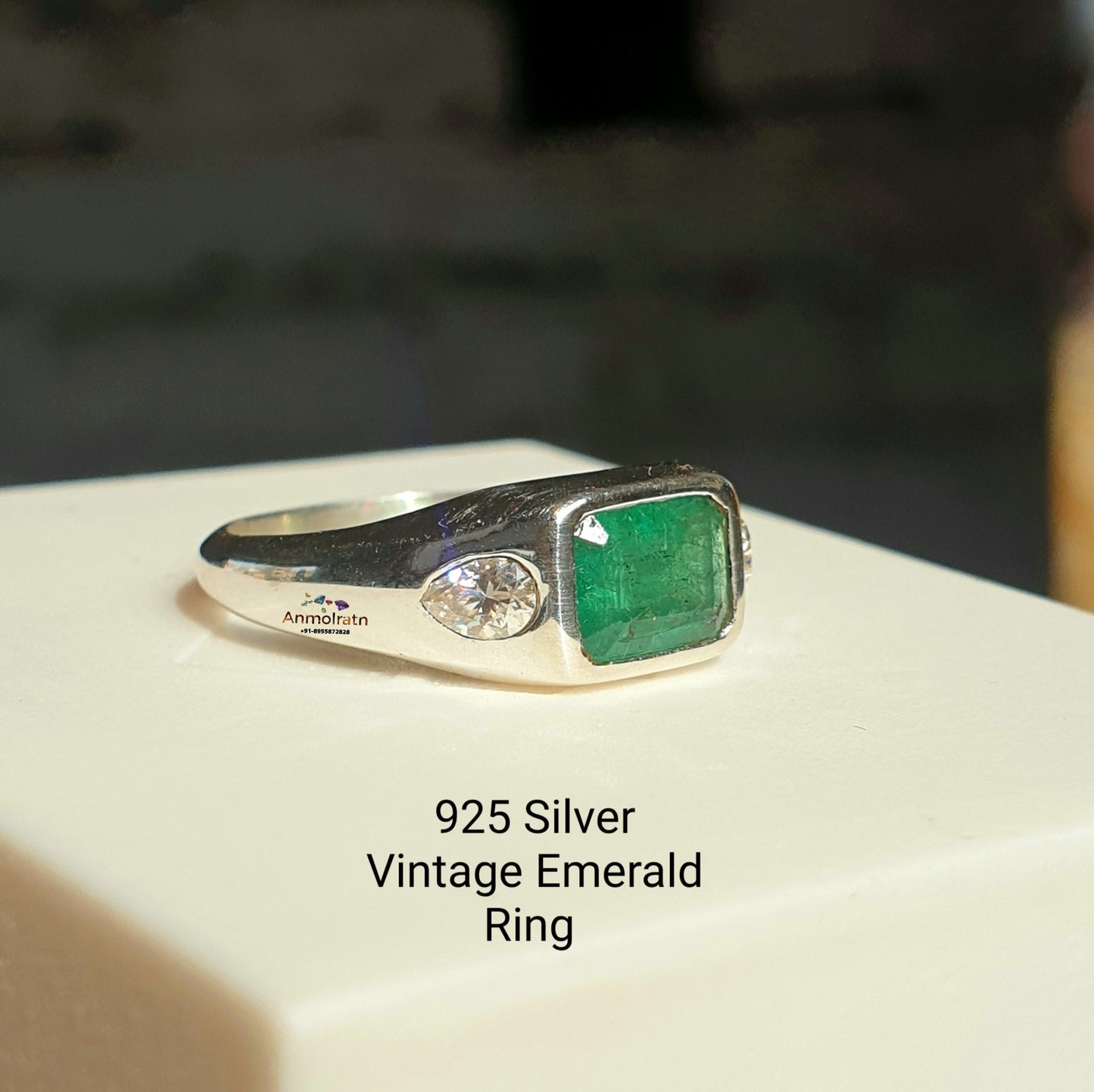 Vintage Emerald Ring, Green Emerald Cut Silver Ring, East West Set Emerald Octagon Solitaire Ring, Three Stone Emerald Signet Ring For Women