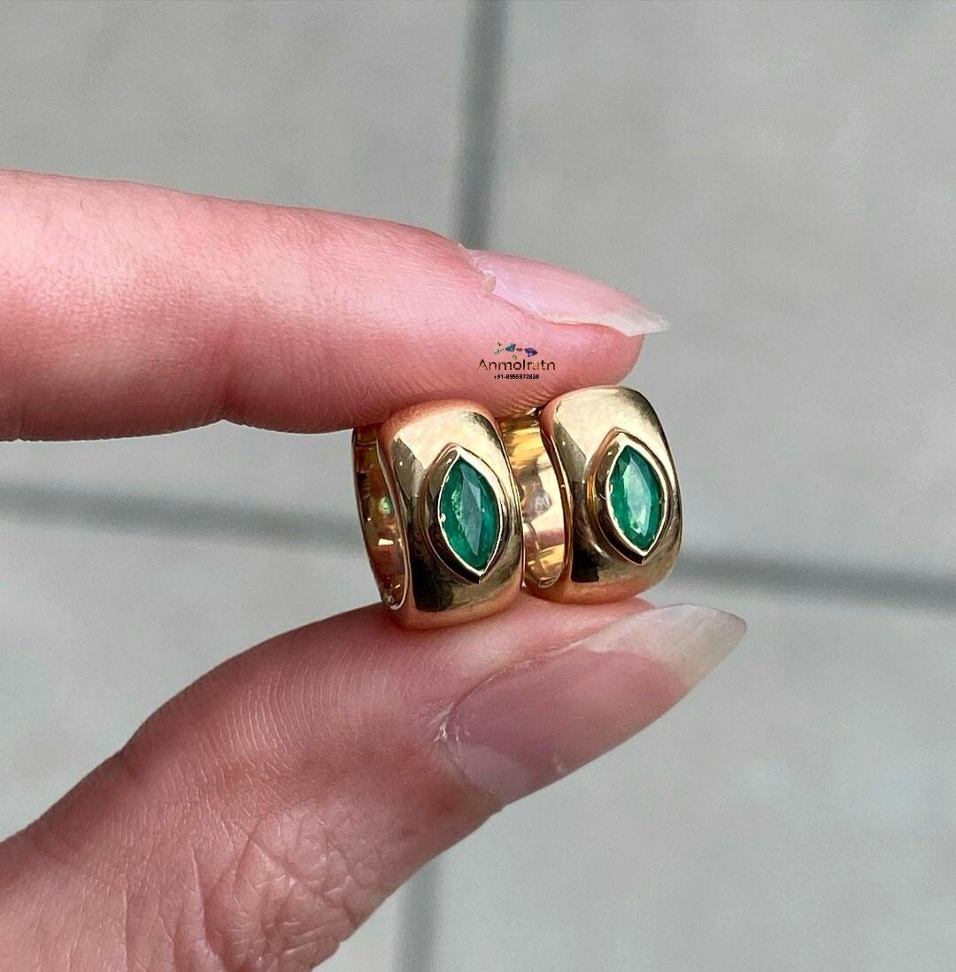 Emerald Hoop Earrings, Tiny Emerald Gold Hoops, Emerald Bali, Marquise Emerald Dainty Earrings Gift For Her, 14k Natural Emerald Earrings