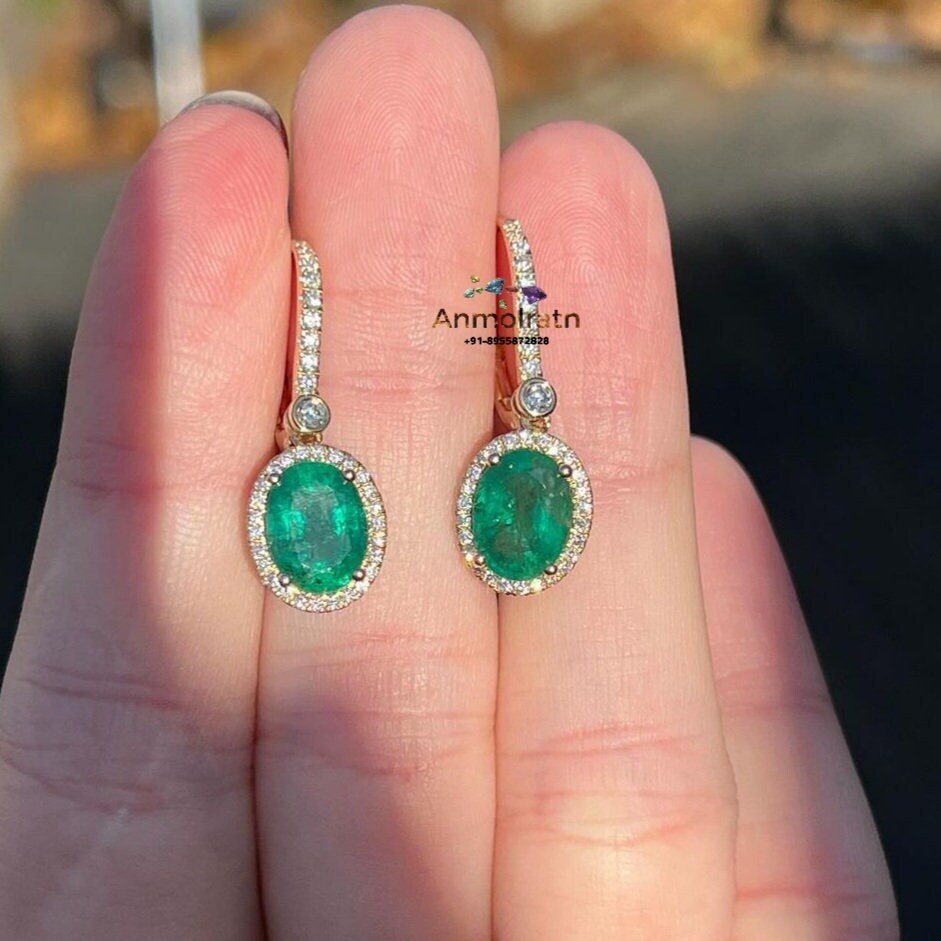 14k Emerald And Diamond Earrings, Natural Emerald Oval Long Earring Danglers Vivid Green Emerald Halo Earring Tiny Emerald Hoop Earring Gift