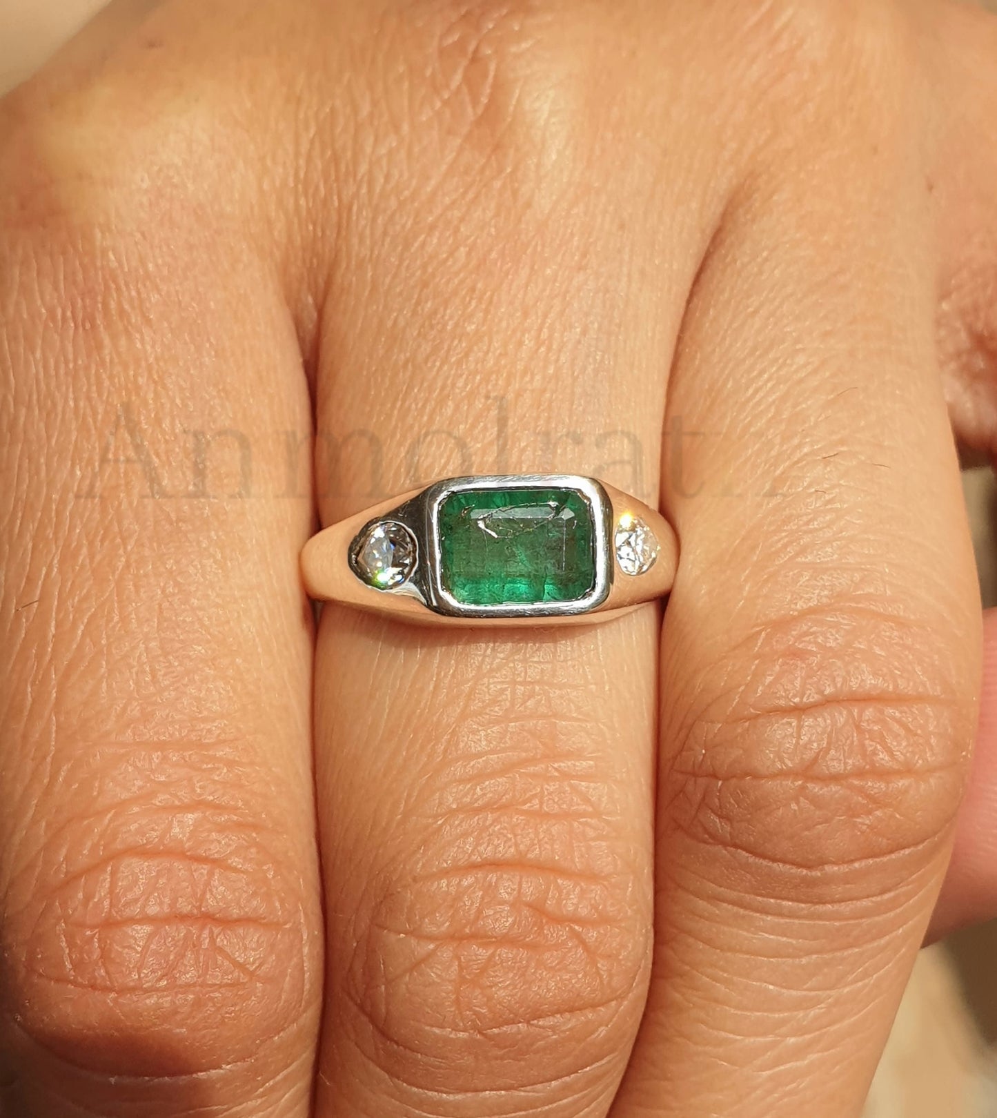 Vintage Emerald Ring, Green Emerald Cut Silver Ring, East West Set Emerald Octagon Solitaire Ring, Three Stone Emerald Signet Ring For Women