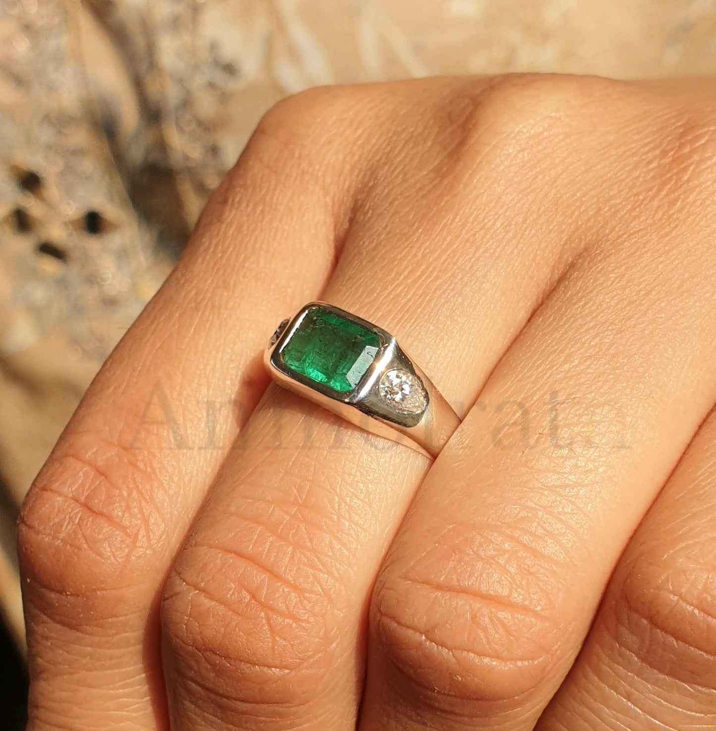 Vintage Emerald Ring, Green Emerald Cut Silver Ring, East West Set Emerald Octagon Solitaire Ring, Three Stone Emerald Signet Ring For Women