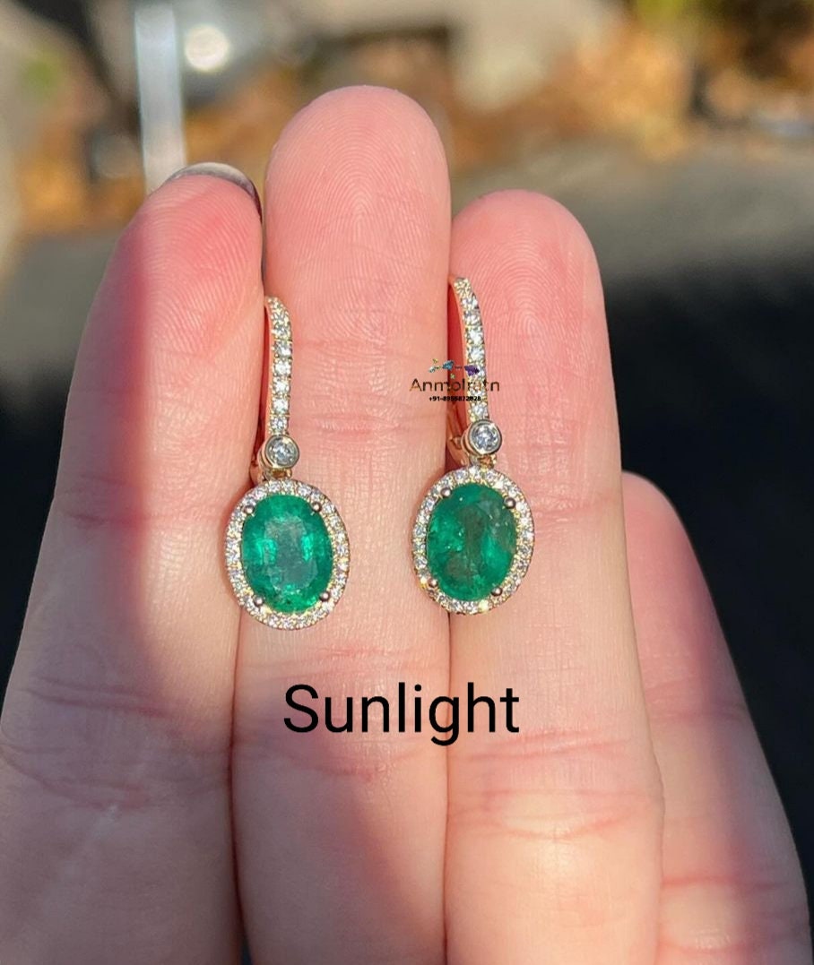 14k Emerald And Diamond Earrings, Natural Emerald Oval Long Earring Danglers Vivid Green Emerald Halo Earring Tiny Emerald Hoop Earring Gift