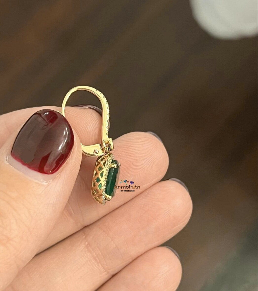 14k Emerald And Diamond Earrings, Natural Emerald Oval Long Earring Danglers Vivid Green Emerald Halo Earring Tiny Emerald Hoop Earring Gift