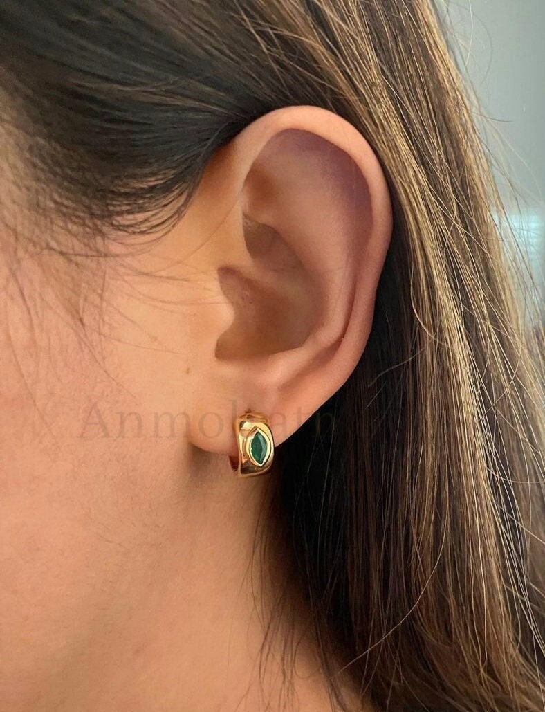 Emerald Hoop Earrings, Tiny Emerald Gold Hoops, Emerald Bali, Marquise Emerald Dainty Earrings Gift For Her, 14k Natural Emerald Earrings