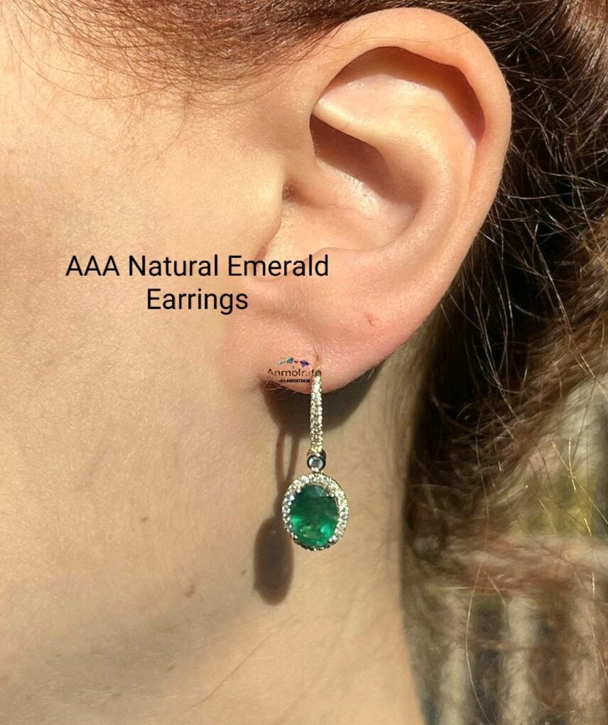 14k Emerald And Diamond Earrings, Natural Emerald Oval Long Earring Danglers Vivid Green Emerald Halo Earring Tiny Emerald Hoop Earring Gift
