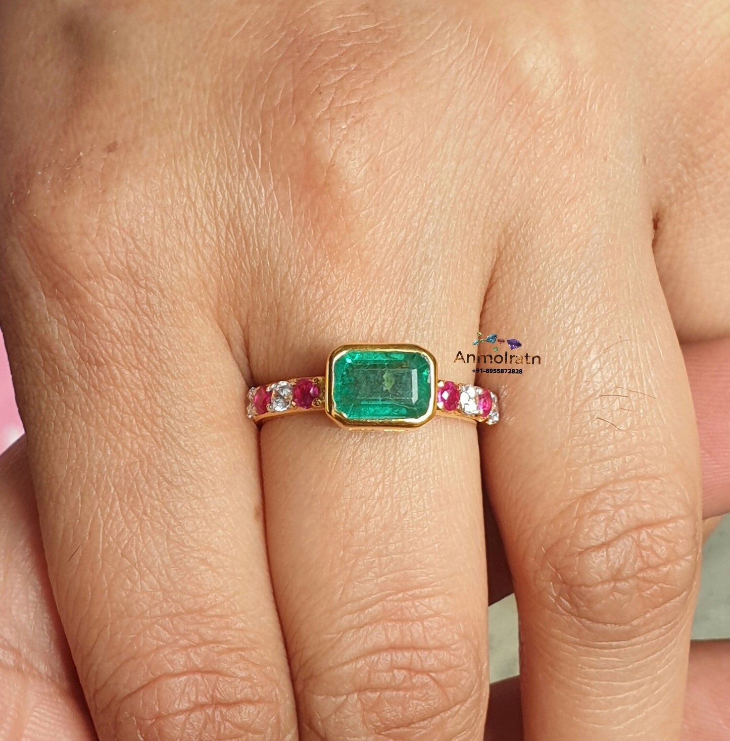 Emerald Cut Stacking Ring For Women, East West Bezel Set Green Emerald Solitaire Dainty Ring, Simple Emerald Octagon Silver Ring For Her