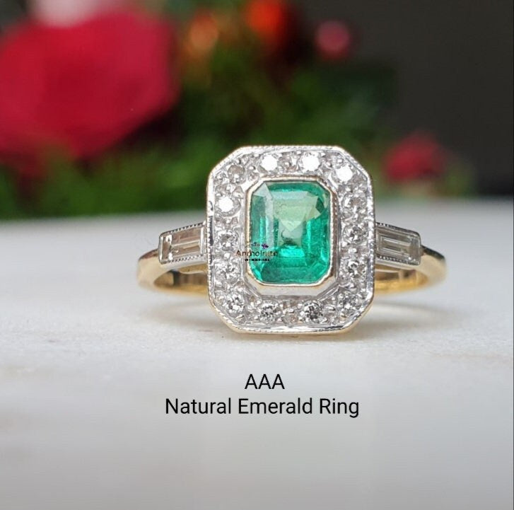 Emerald Cluster Wedding Ring, High Quality Emerald Cut Engagement ring For Women, 14k Bezel Set Natural Emerald Octagon Ring Gift For Her,