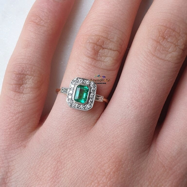 Emerald Cluster Wedding Ring, High Quality Emerald Cut Engagement ring For Women, 14k Bezel Set Natural Emerald Octagon Ring Gift For Her,