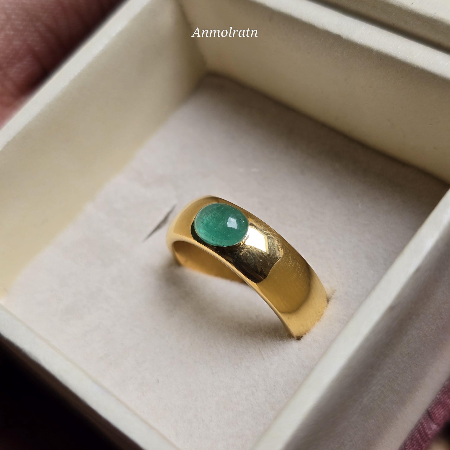14k Emerald Cabochon Ring Vintage Emerald Gold Ring Dainty Emerald Stacking Band Ring For Gift Green Cabochon Solitaire Birthstone Ring Gift