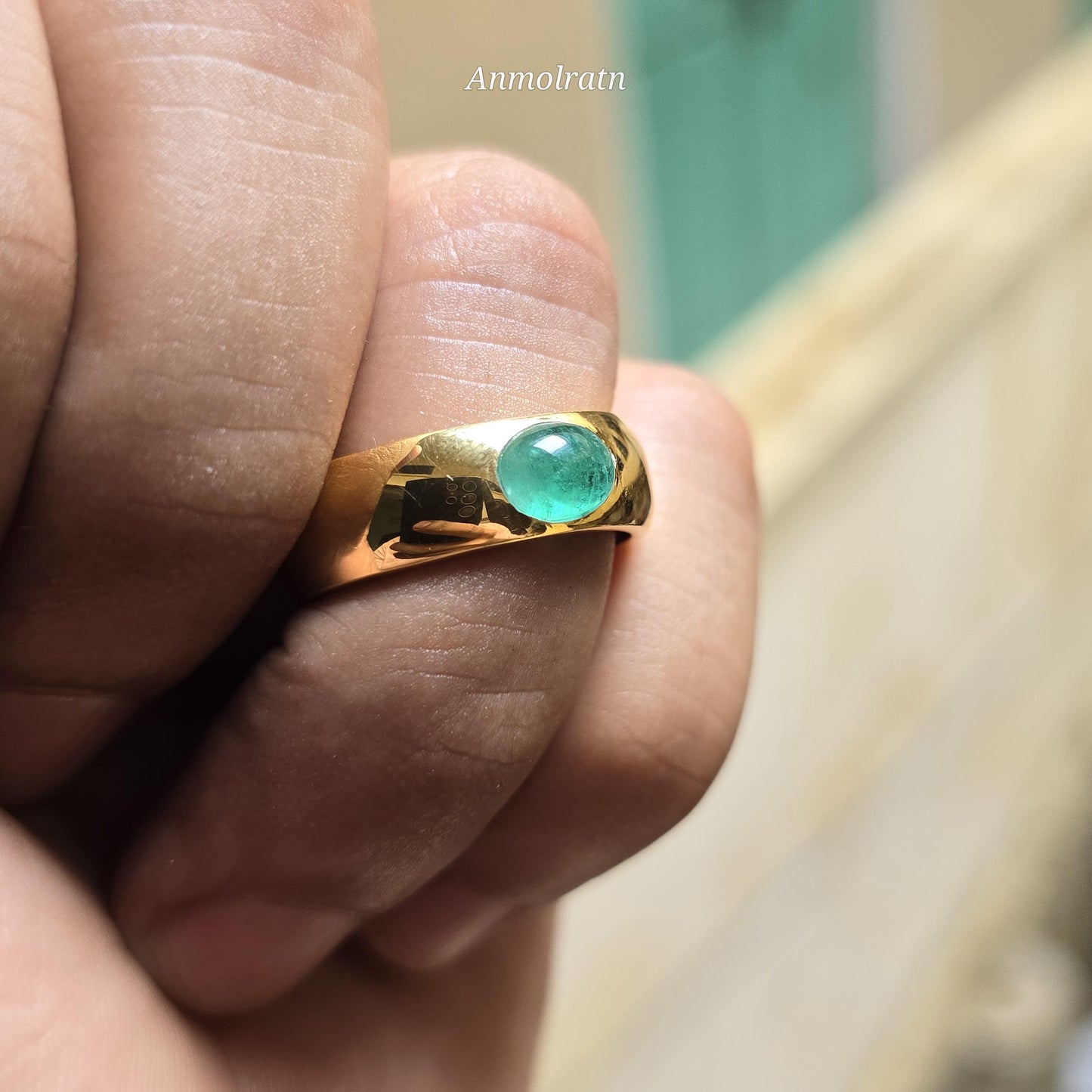 14k Emerald Cabochon Ring Vintage Emerald Gold Ring Dainty Emerald Stacking Band Ring For Gift Green Cabochon Solitaire Birthstone Ring Gift