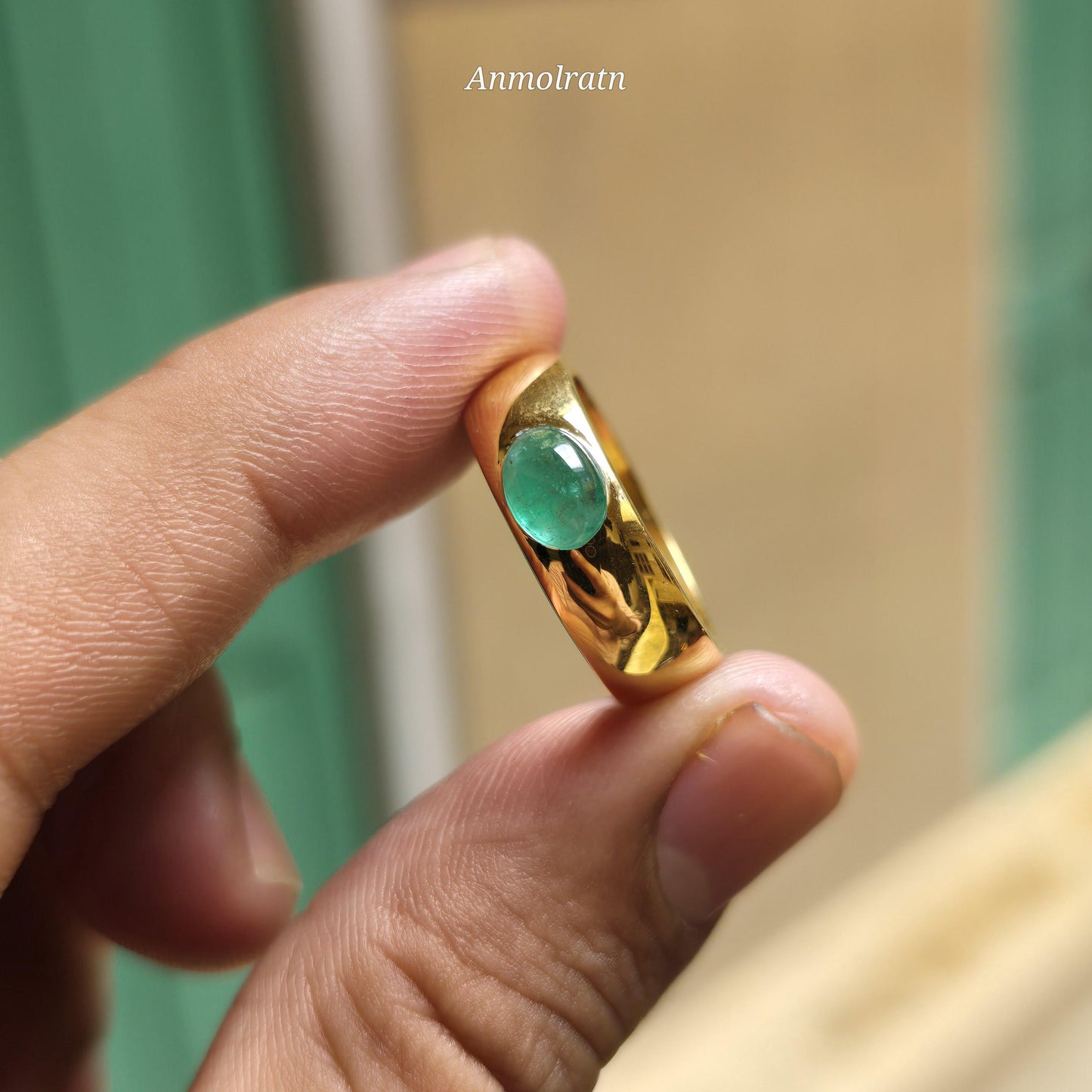 14k Emerald Cabochon Ring Vintage Emerald Gold Ring Dainty Emerald Stacking Band Ring For Gift Green Cabochon Solitaire Birthstone Ring Gift