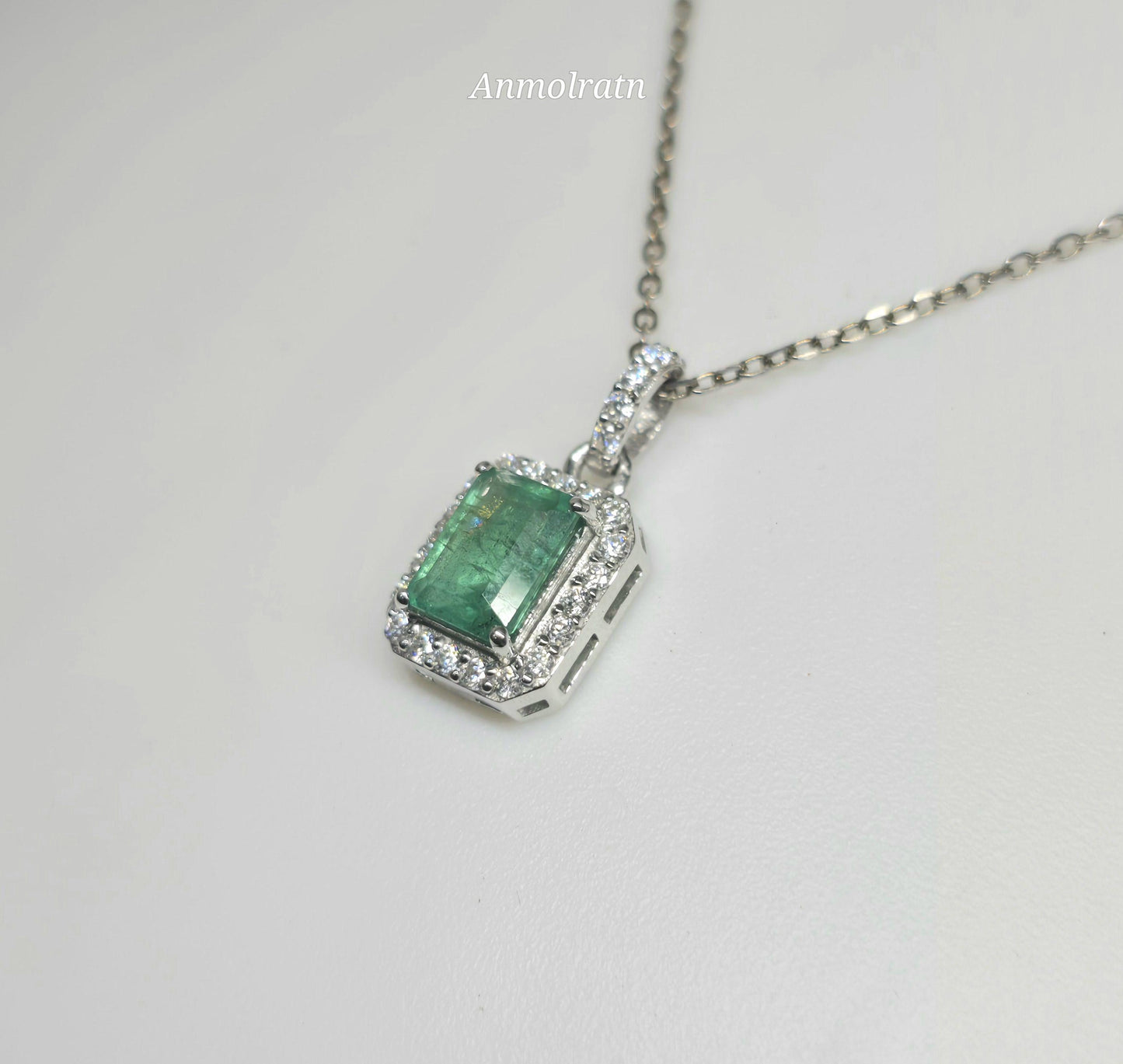 Vivid Green Emerald Solitaire Pendant For Women 14k Natural Emerald Cut Halo Pendant Daily Wear Emerald Octagon Pendant Necklace For Gift