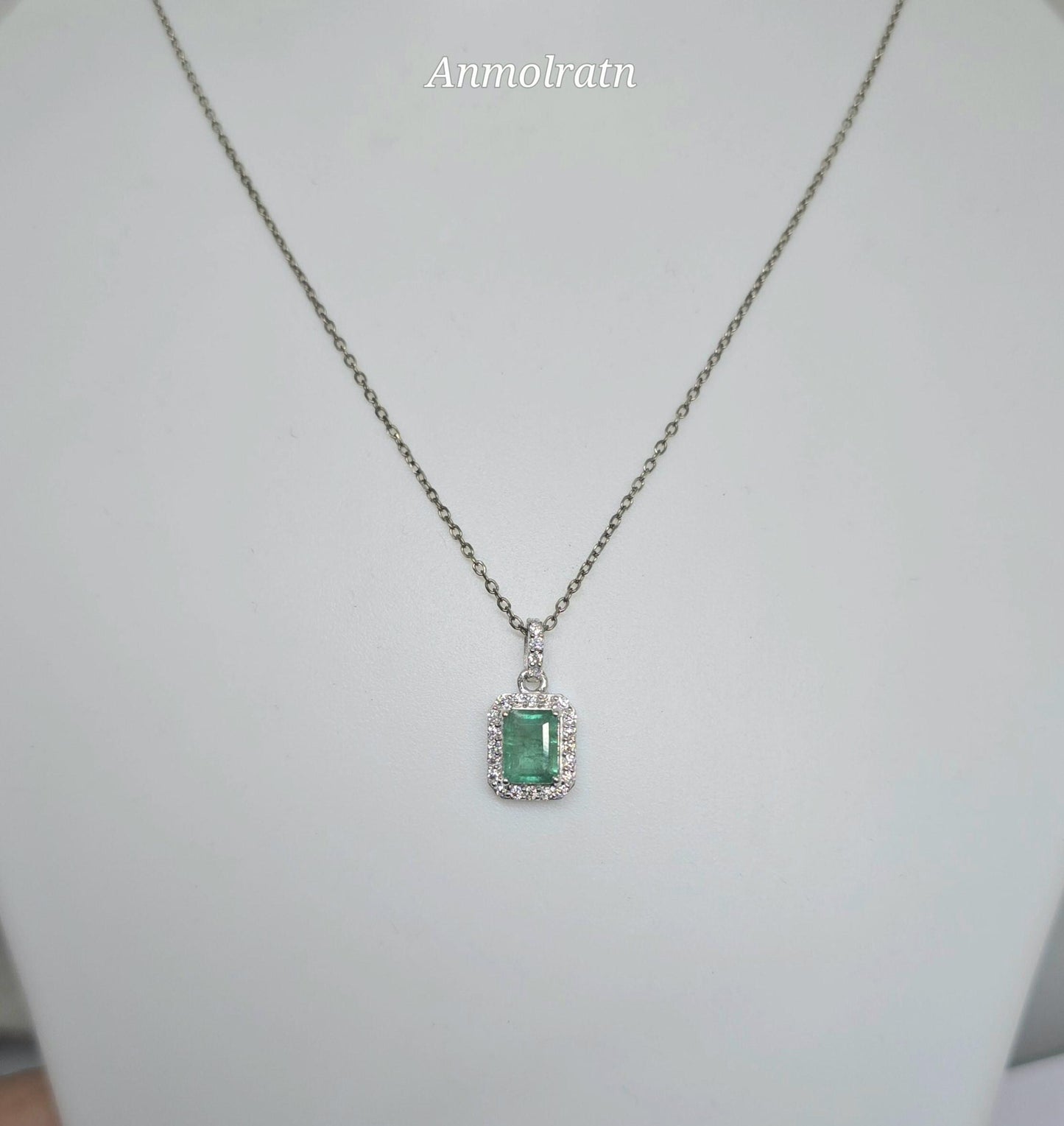 Vivid Green Emerald Solitaire Pendant For Women 14k Natural Emerald Cut Halo Pendant Daily Wear Emerald Octagon Pendant Necklace For Gift