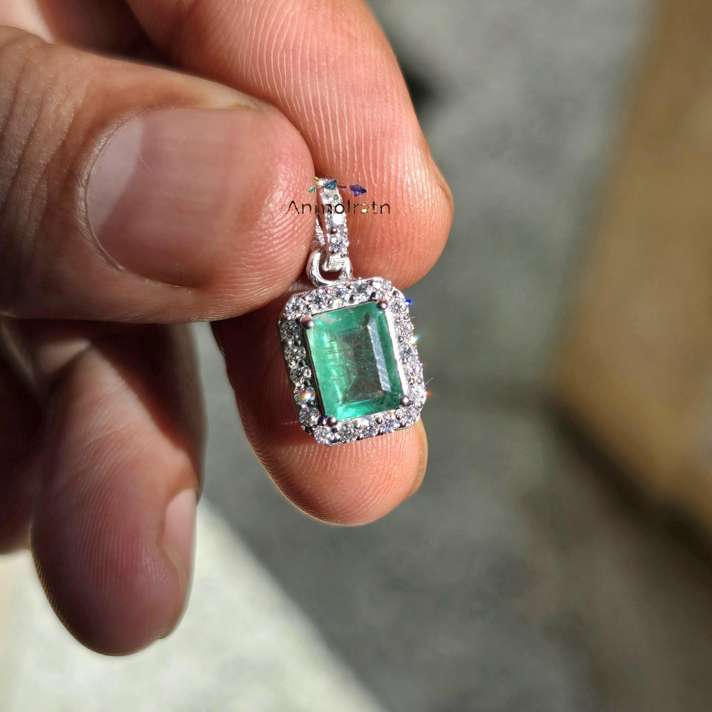 Vivid Green Emerald Solitaire Pendant For Women 14k Natural Emerald Cut Halo Pendant Daily Wear Emerald Octagon Pendant Necklace For Gift