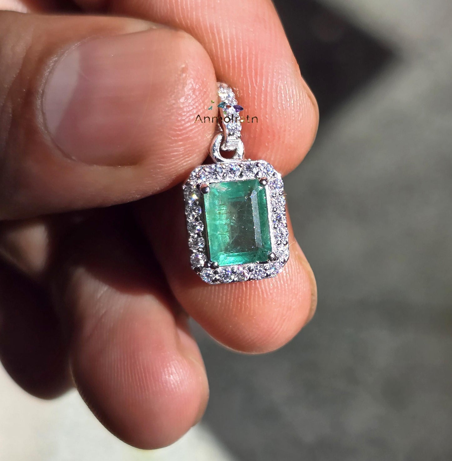 Vivid Green Emerald Solitaire Pendant For Women 14k Natural Emerald Cut Halo Pendant Daily Wear Emerald Octagon Pendant Necklace For Gift
