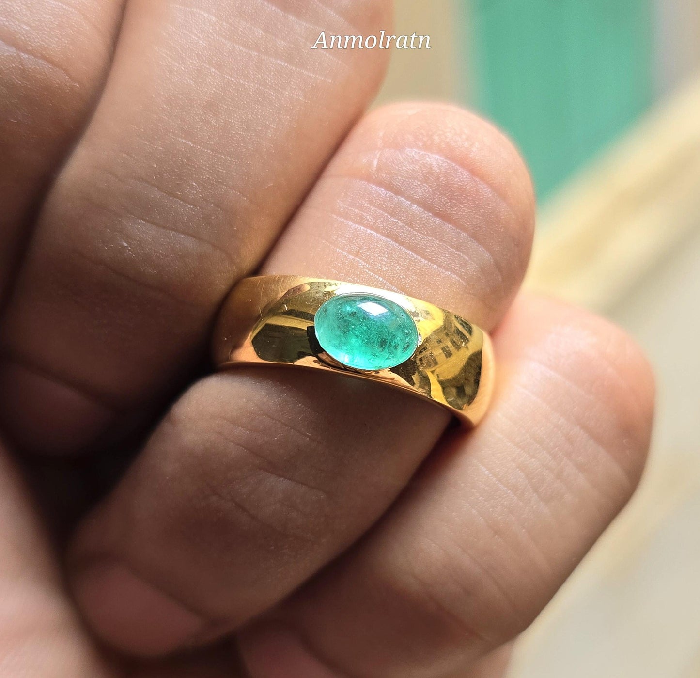 14k Emerald Cabochon Ring Vintage Emerald Gold Ring Dainty Emerald Stacking Band Ring For Gift Green Cabochon Solitaire Birthstone Ring Gift