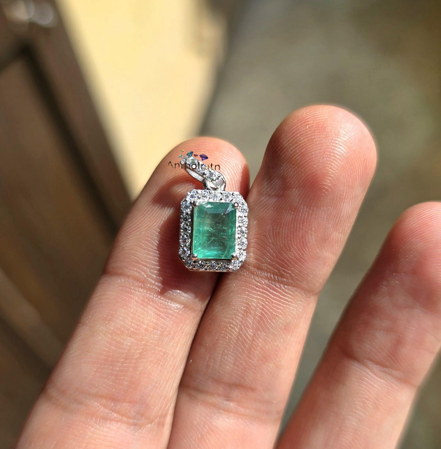 Vivid Green Emerald Solitaire Pendant For Women 14k Natural Emerald Cut Halo Pendant Daily Wear Emerald Octagon Pendant Necklace For Gift