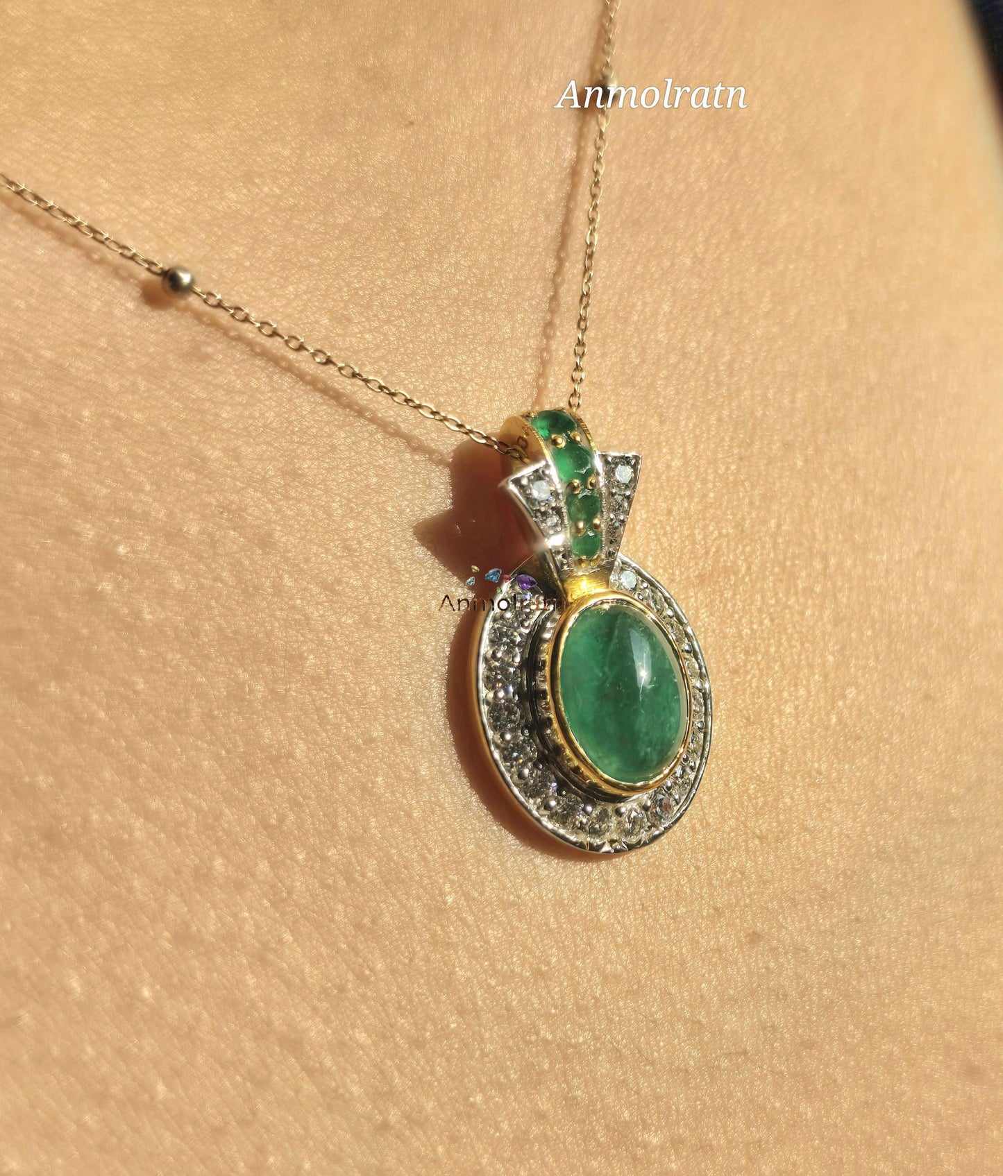 Emerald Cabochon Pendant For Men & Women, Oval Emerald Cluster Pendant Gift For Her, 4CT Emerald Solitaire Birthstone Dainty Pendant Silver