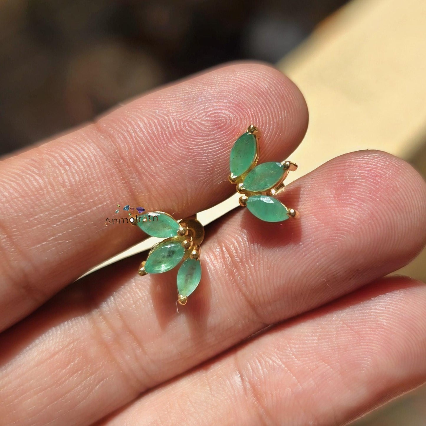 Emerald Stud Earrings, Green Emerald Marquise Studs For Women, Dainty Emerald Gold Earring, Tiny Emerald Silver Earrings, Gemstone Earrings