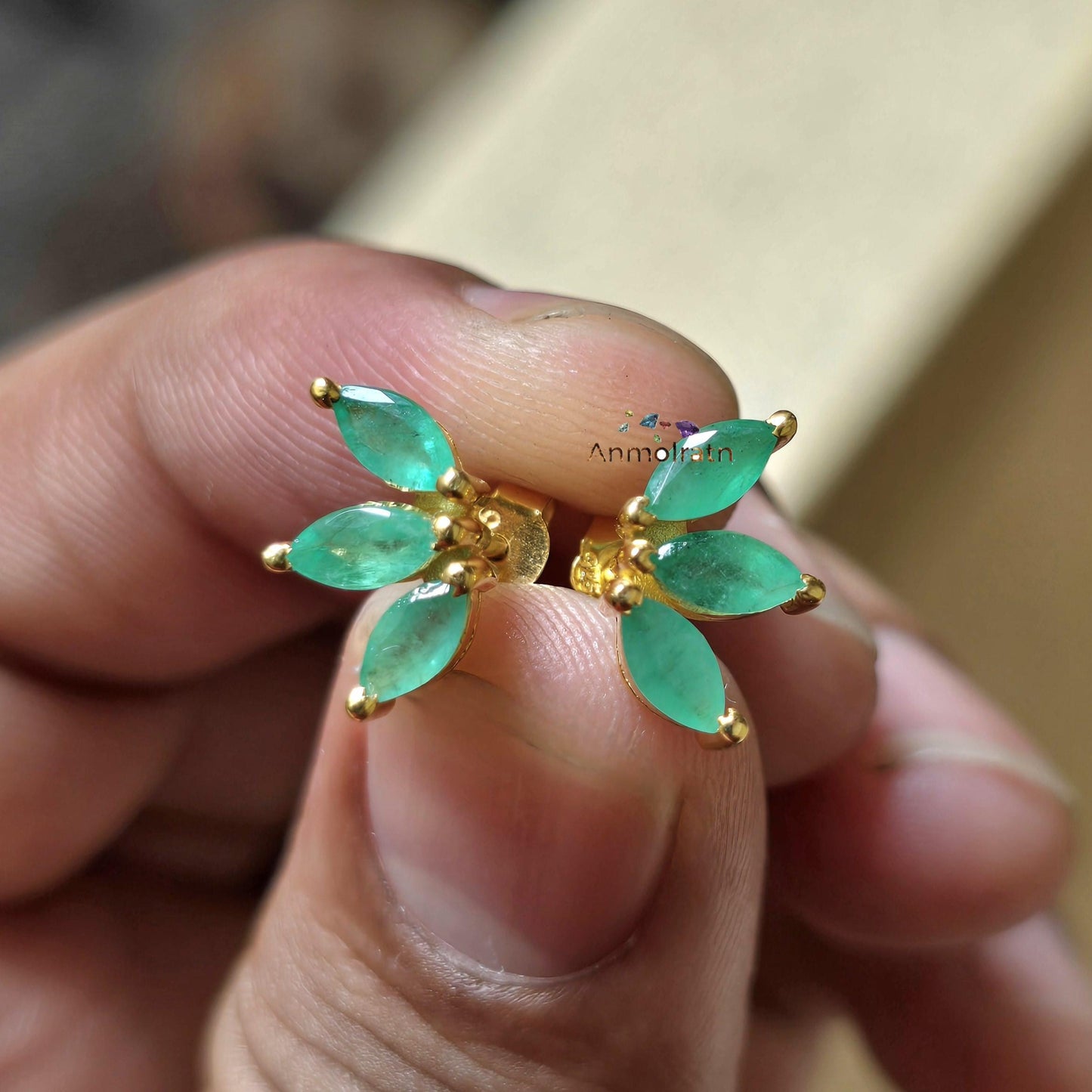 Emerald Stud Earrings, Green Emerald Marquise Studs For Women, Dainty Emerald Gold Earring, Tiny Emerald Silver Earrings, Gemstone Earrings