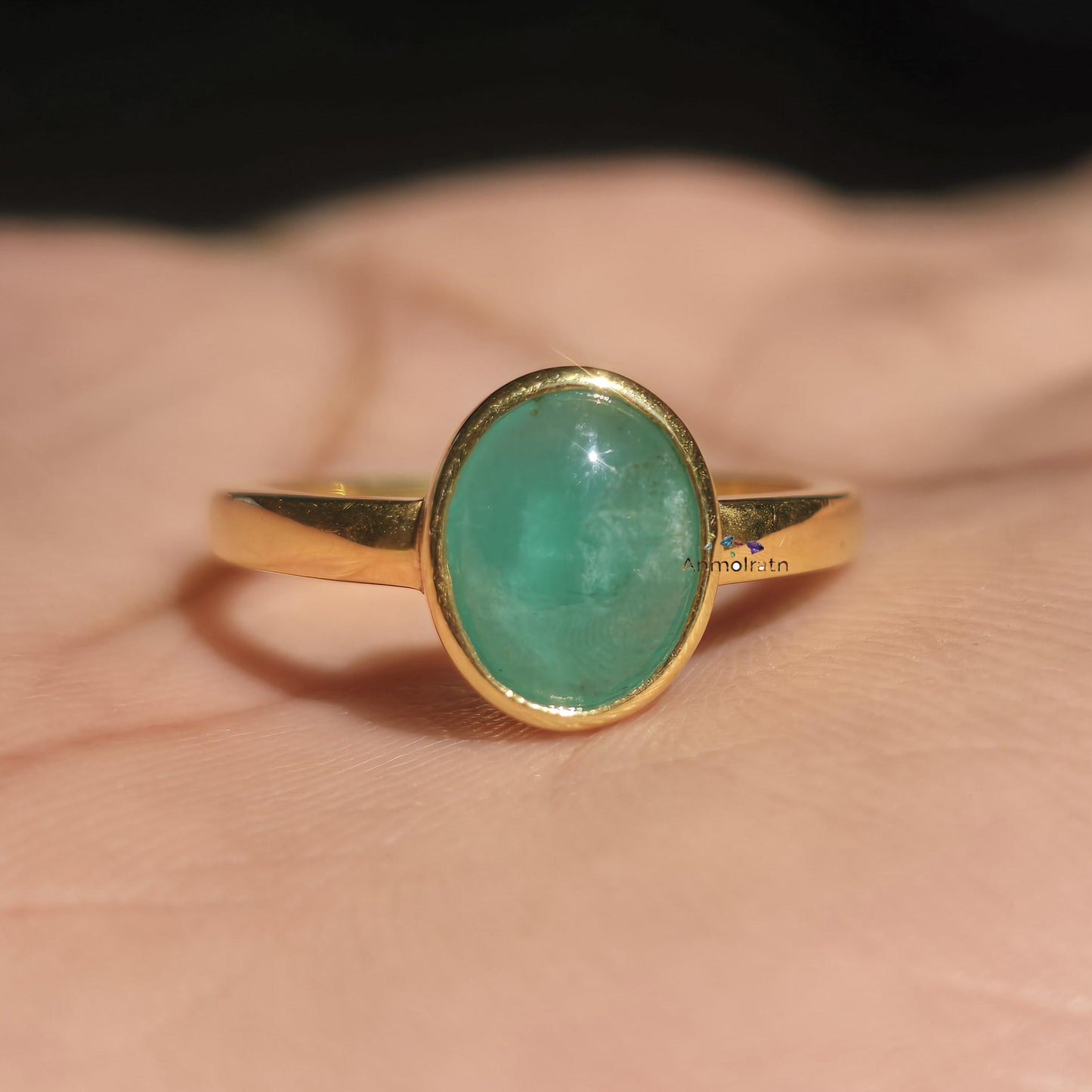 Emerald Oval Cabochon Ring, Solitaire Emerald Birthstone Pinky Ring, Bezel Set Natural Emerald Stacking Ring, Green Emerald Ring For Women