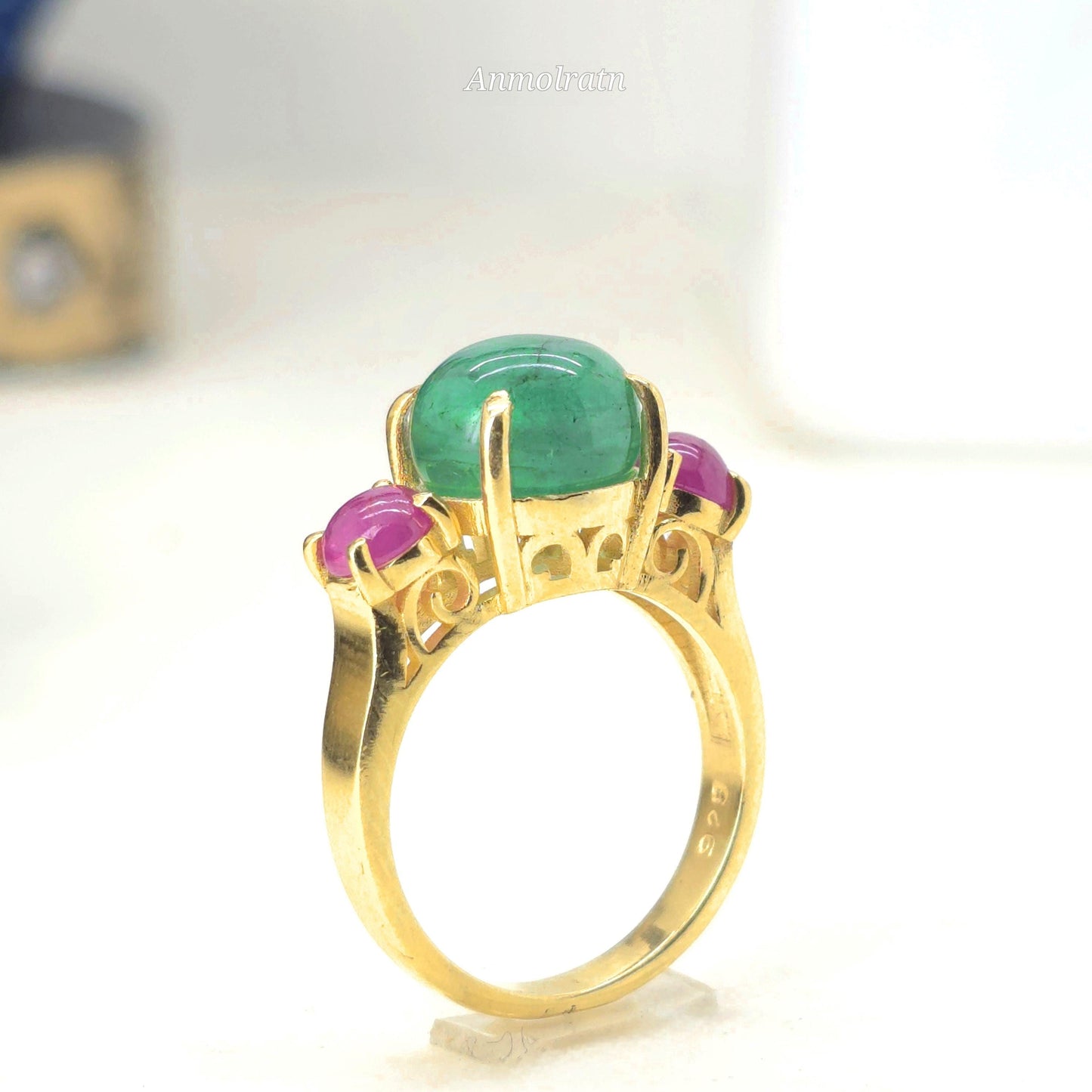 Vintage Emerald Ruby Ring For Women, Antique Emerald Ring, Unique Natural Emerald Cabochon Ring, Multi Gemstone Vintage Ring Gift For Her