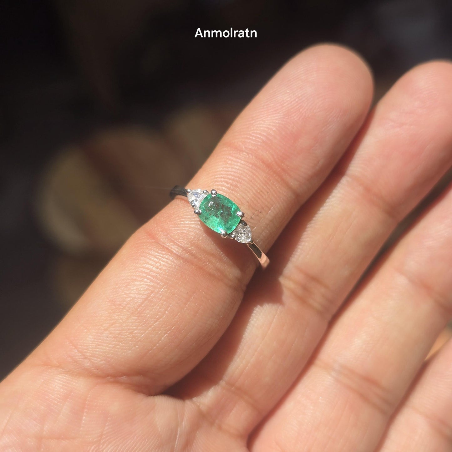Natural Vivid Green Emerald Cushion Heart Ring For Women Untreated Emerald Trilogy Wedding Ring Dainty Emerald Engagement Stacking Ring Gift